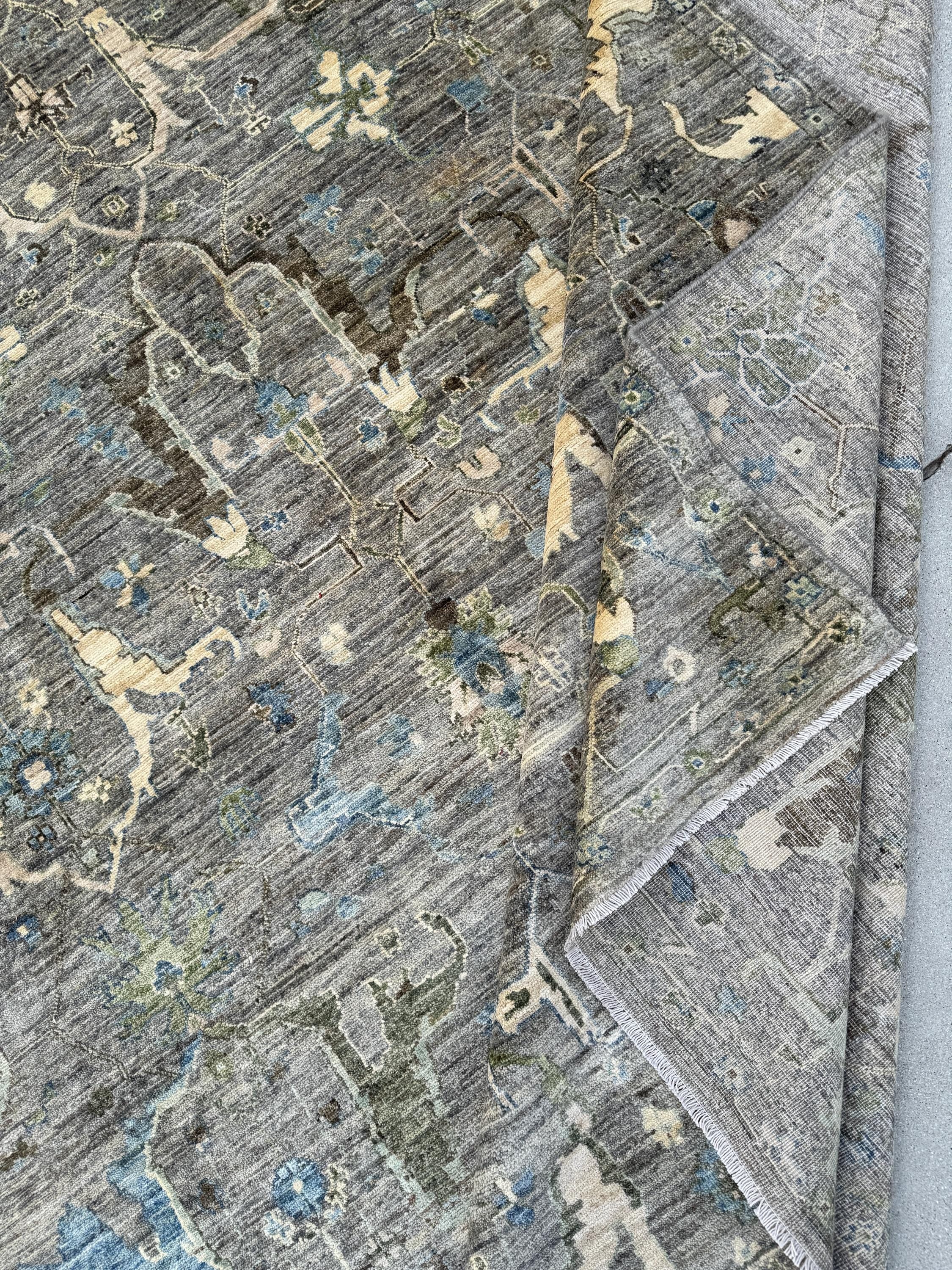 10x14 Handmade Afghan Wool Rug | Gray and Blue Oushak Style Area Rug | Hand-Knotted Distressed Carpet | Modern Classic Living Room Decor