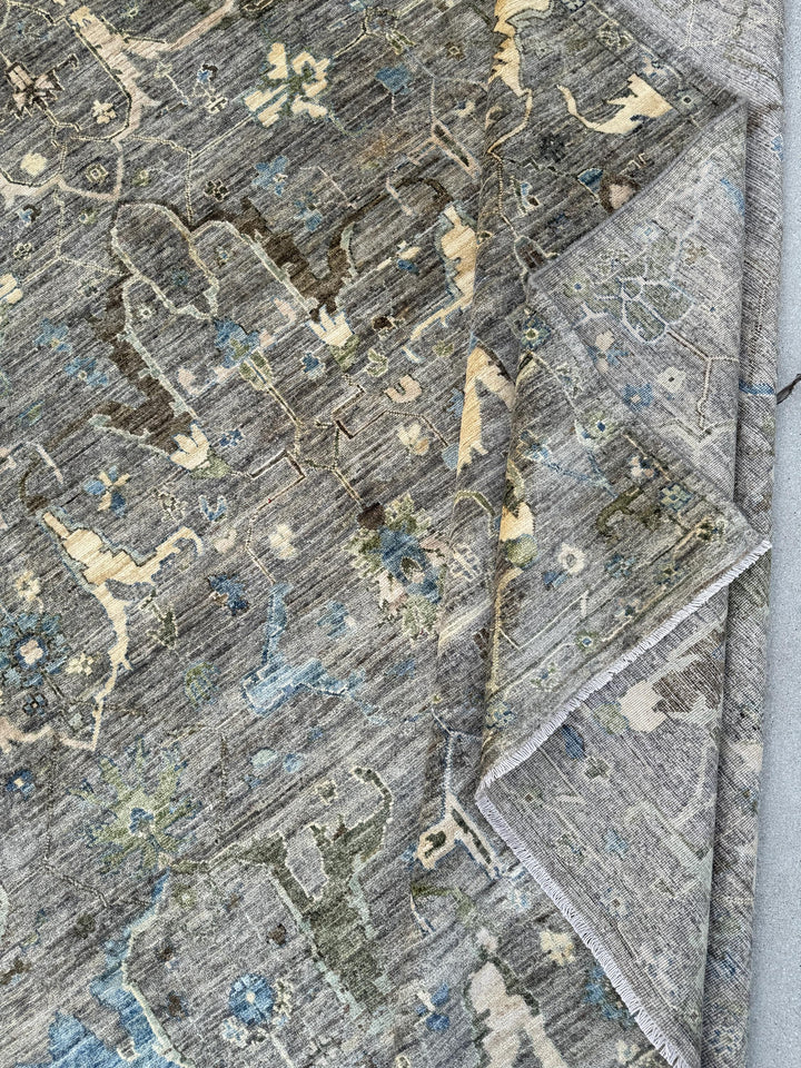 10x14 Handmade Afghan Wool Rug | Gray and Blue Oushak Style Area Rug | Hand-Knotted Distressed Carpet | Modern Classic Living Room Decor