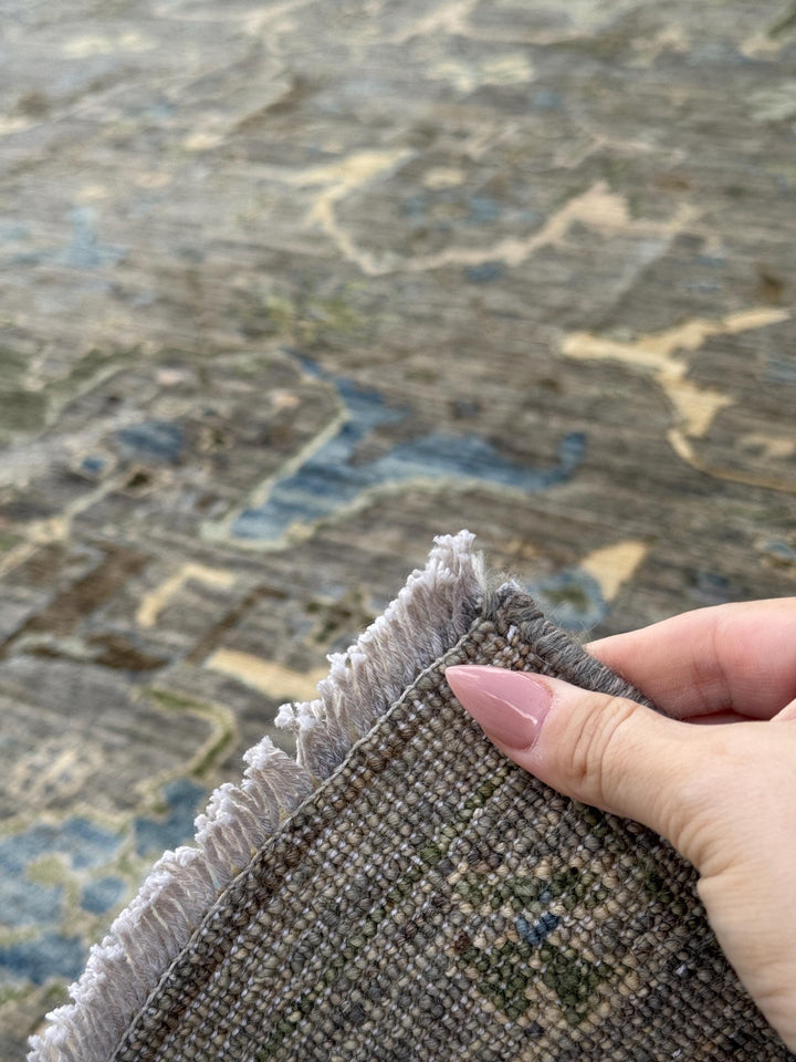 10x14 Handmade Afghan Wool Rug | Gray and Blue Oushak Style Area Rug | Hand-Knotted Distressed Carpet | Modern Classic Living Room Decor