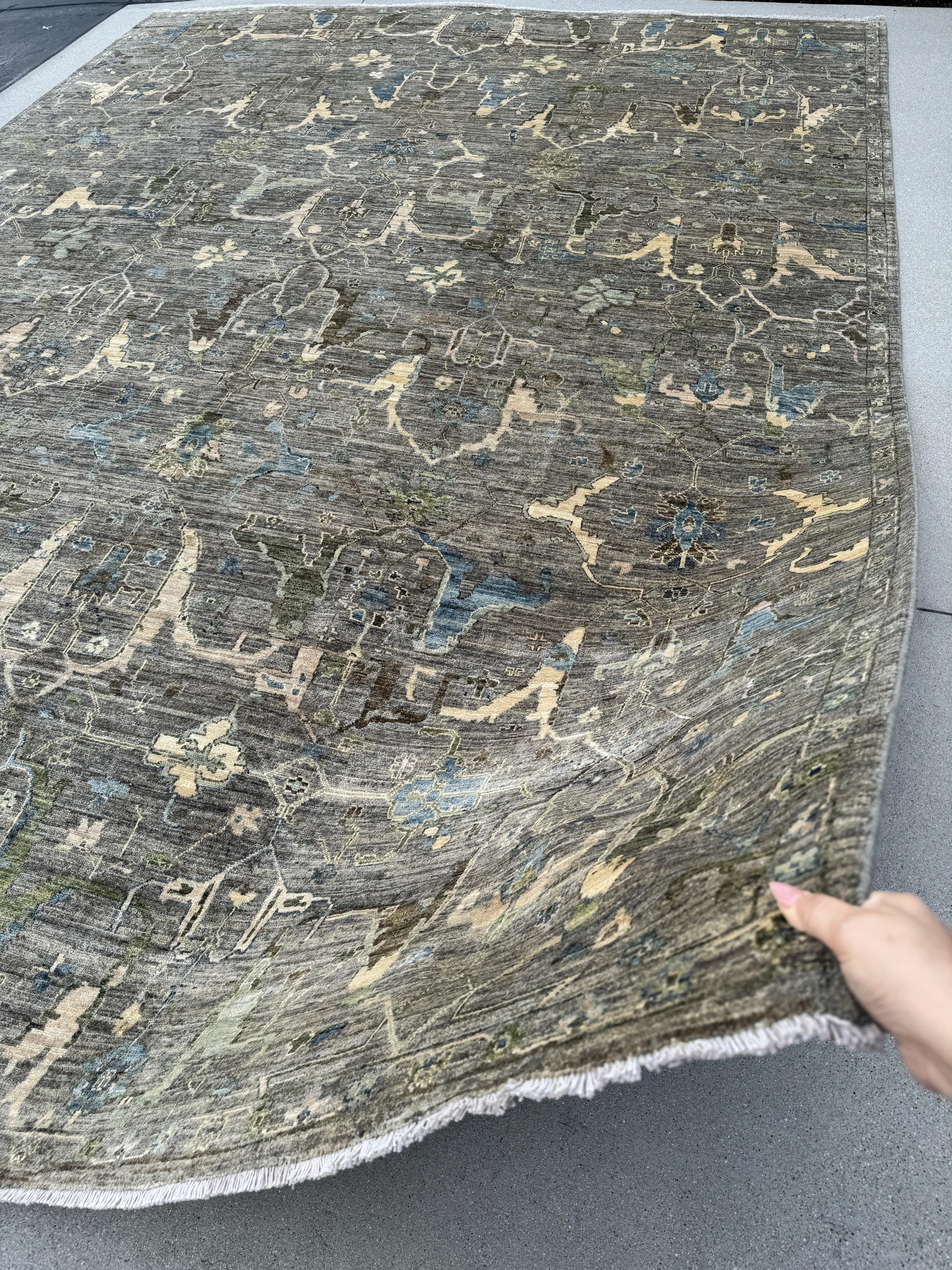 10x14 Handmade Afghan Wool Rug | Gray and Blue Oushak Style Area Rug | Hand-Knotted Distressed Carpet | Modern Classic Living Room Decor