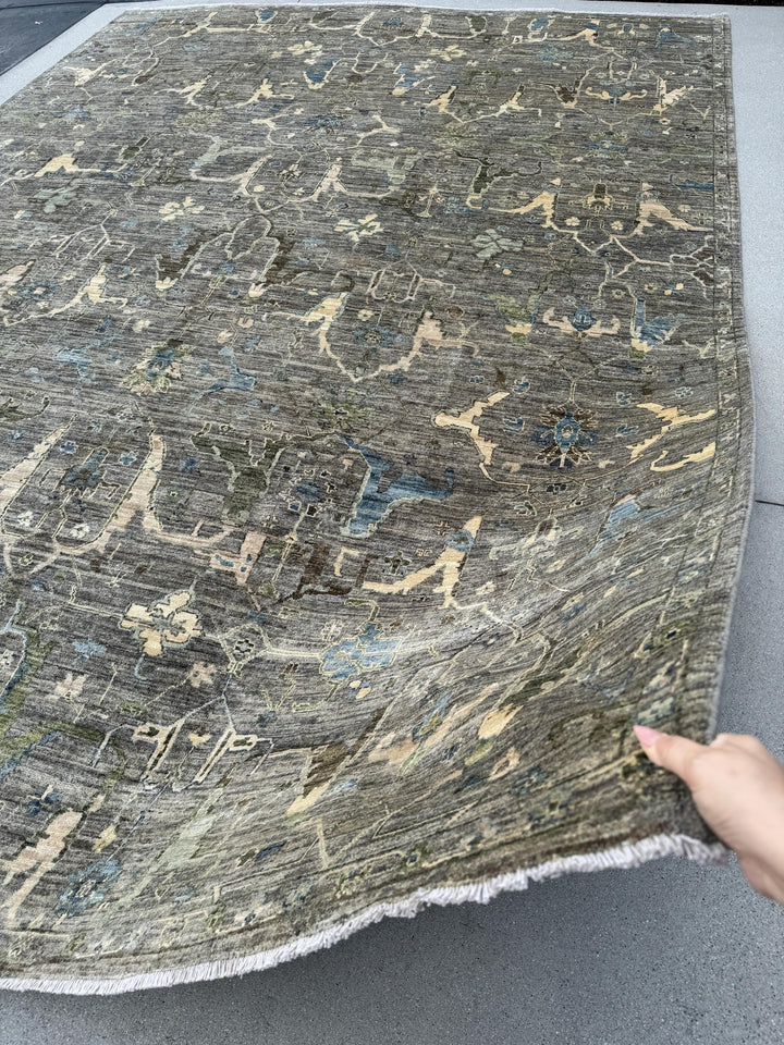 10x14 Handmade Afghan Wool Rug | Gray and Blue Oushak Style Area Rug | Hand-Knotted Distressed Carpet | Modern Classic Living Room Decor