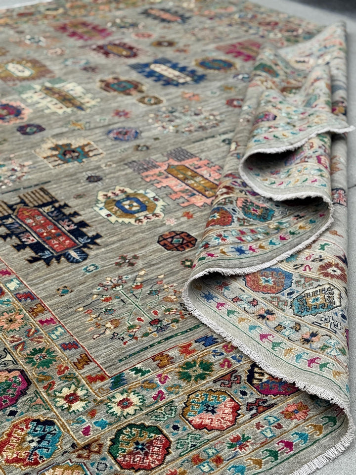 9x12 Handmade Afghan Wool Rug | Gray and Multicolor Tribal Area Rug | Hand-Knotted Nomadic Carpet | Eclectic Living Room Decor