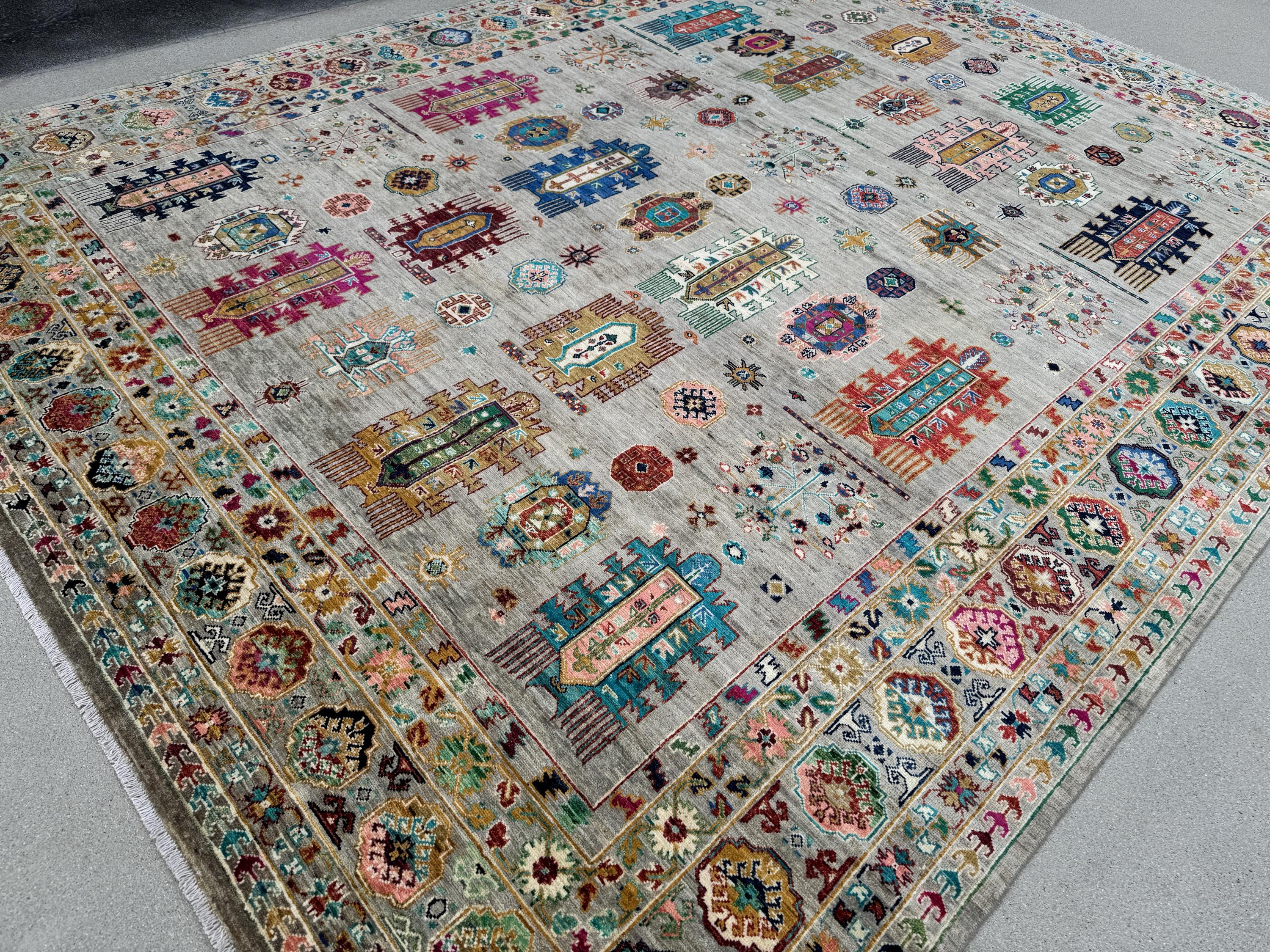 9x12 Handmade Afghan Wool Rug | Gray and Multicolor Tribal Area Rug | Hand-Knotted Nomadic Carpet | Eclectic Living Room Decor