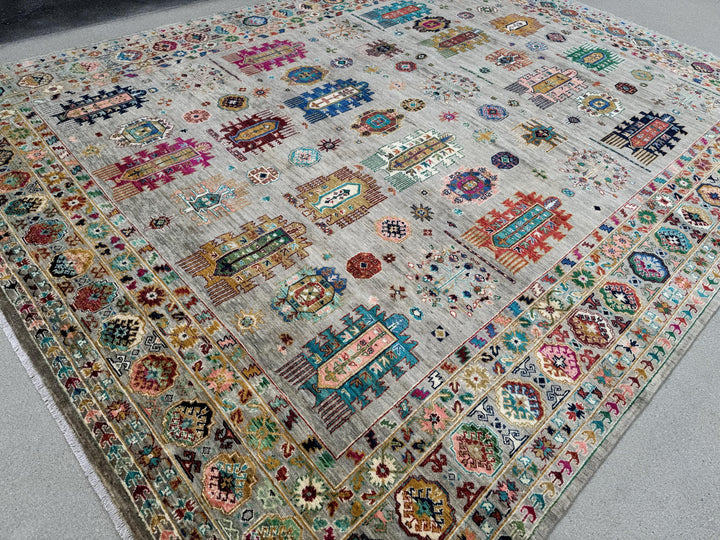 9x12 Handmade Afghan Wool Rug | Gray and Multicolor Tribal Area Rug | Hand-Knotted Nomadic Carpet | Eclectic Living Room Decor