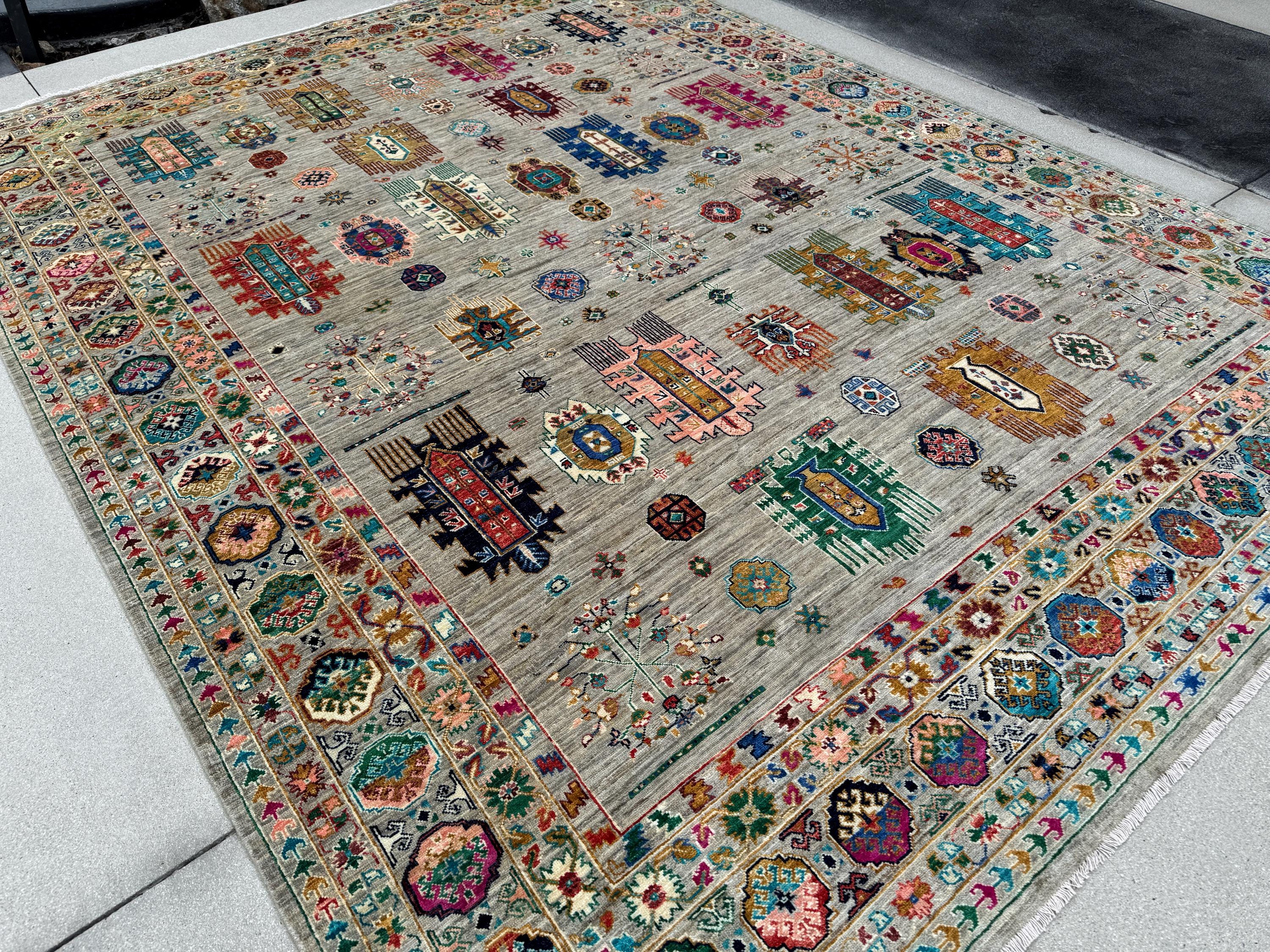 9x12 Handmade Afghan Wool Rug | Gray and Multicolor Tribal Area Rug | Hand-Knotted Nomadic Carpet | Eclectic Living Room Decor