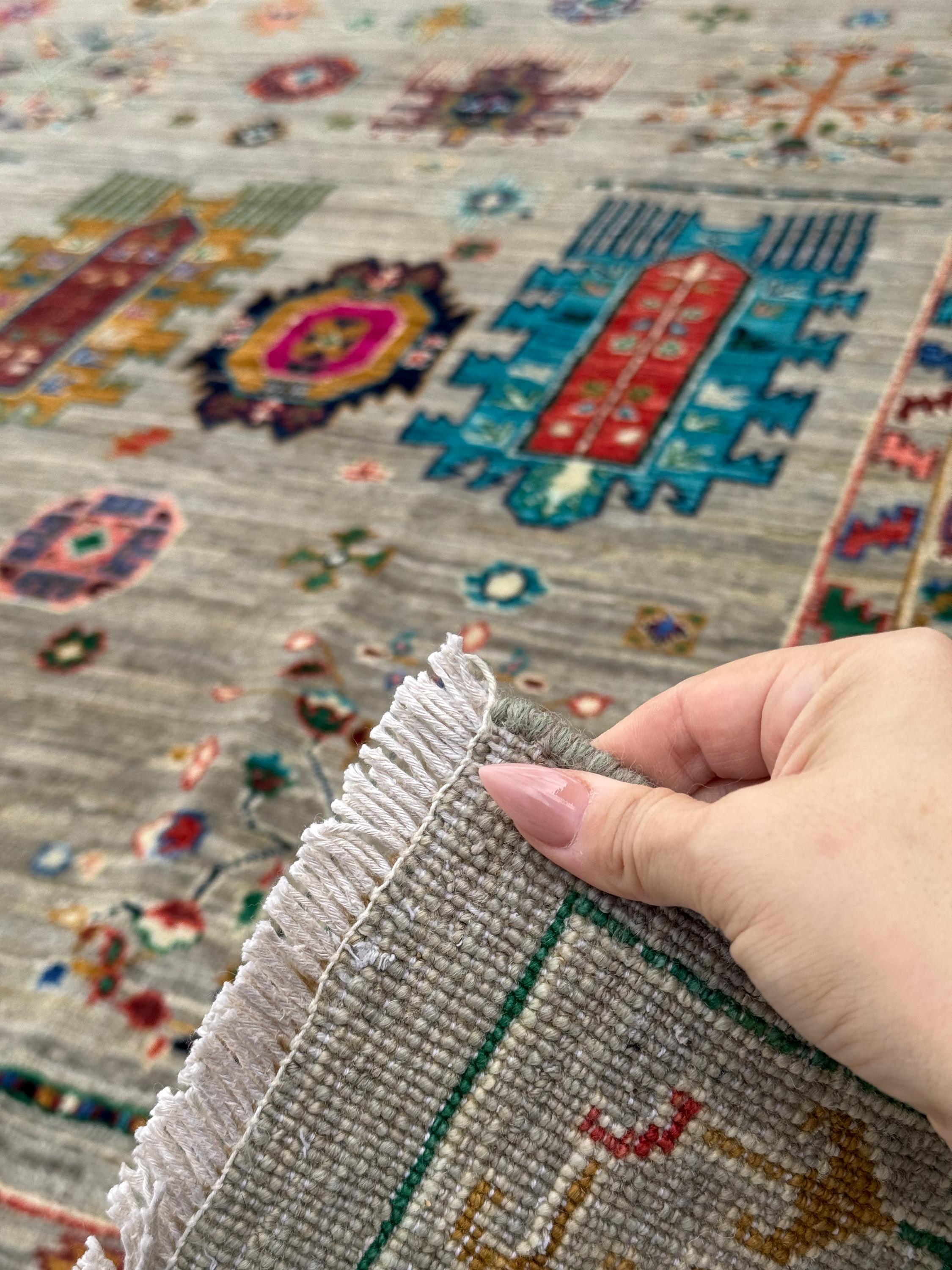 9x12 Handmade Afghan Wool Rug | Gray and Multicolor Tribal Area Rug | Hand-Knotted Nomadic Carpet | Eclectic Living Room Decor