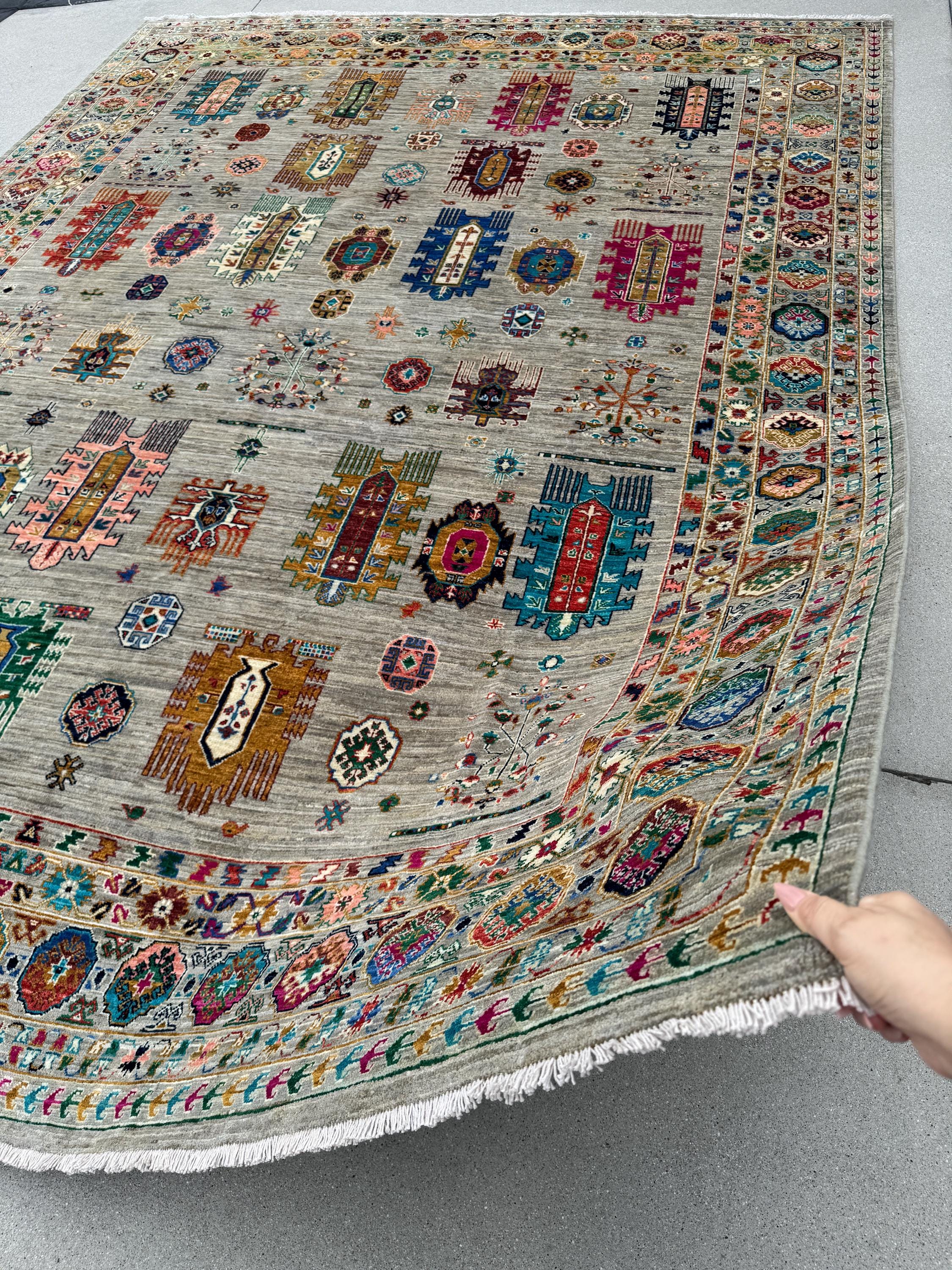 9x12 Handmade Afghan Wool Rug | Gray and Multicolor Tribal Area Rug | Hand-Knotted Nomadic Carpet | Eclectic Living Room Decor