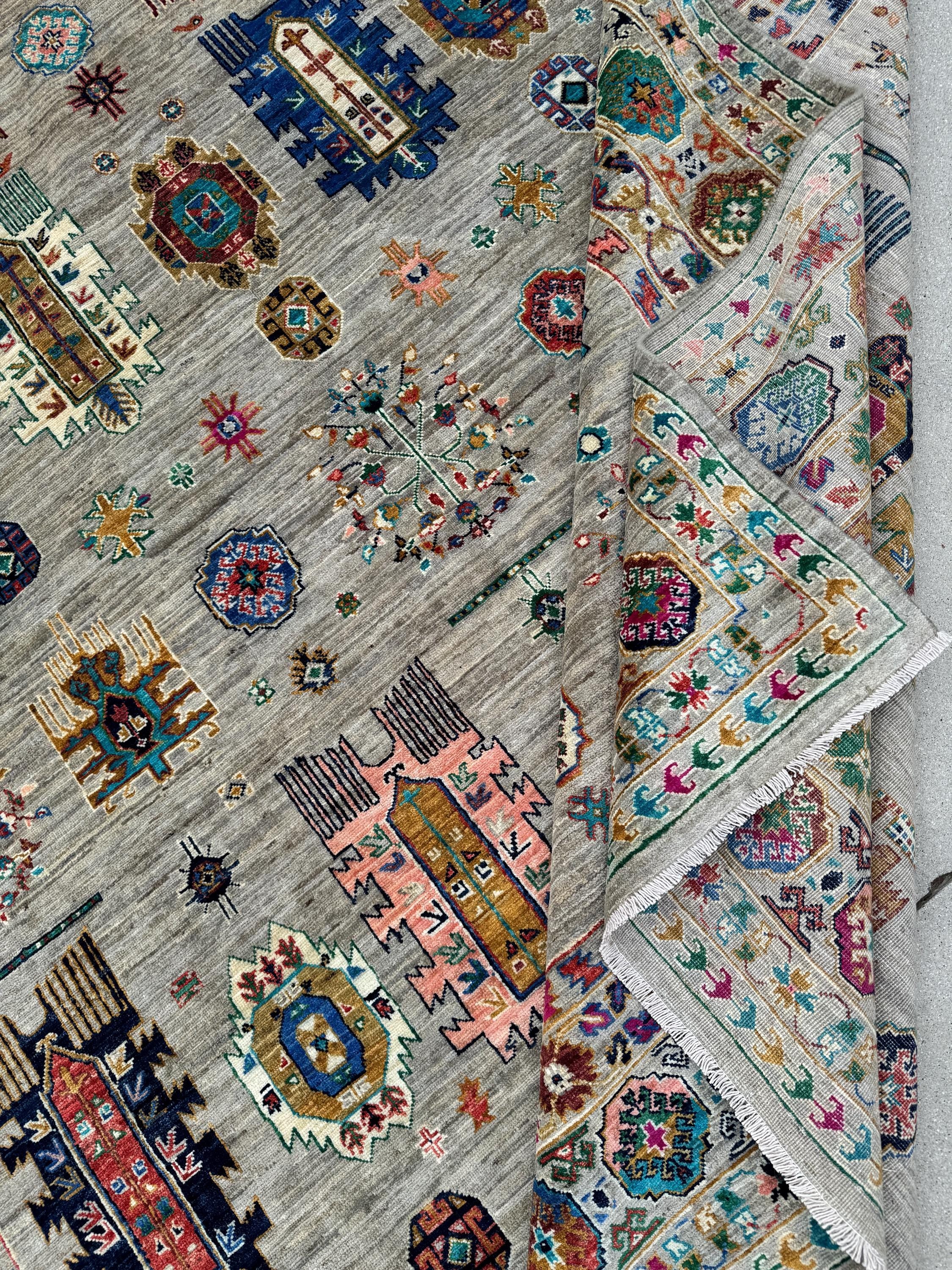 9x12 Handmade Afghan Wool Rug | Gray and Multicolor Tribal Area Rug | Hand-Knotted Nomadic Carpet | Eclectic Living Room Decor