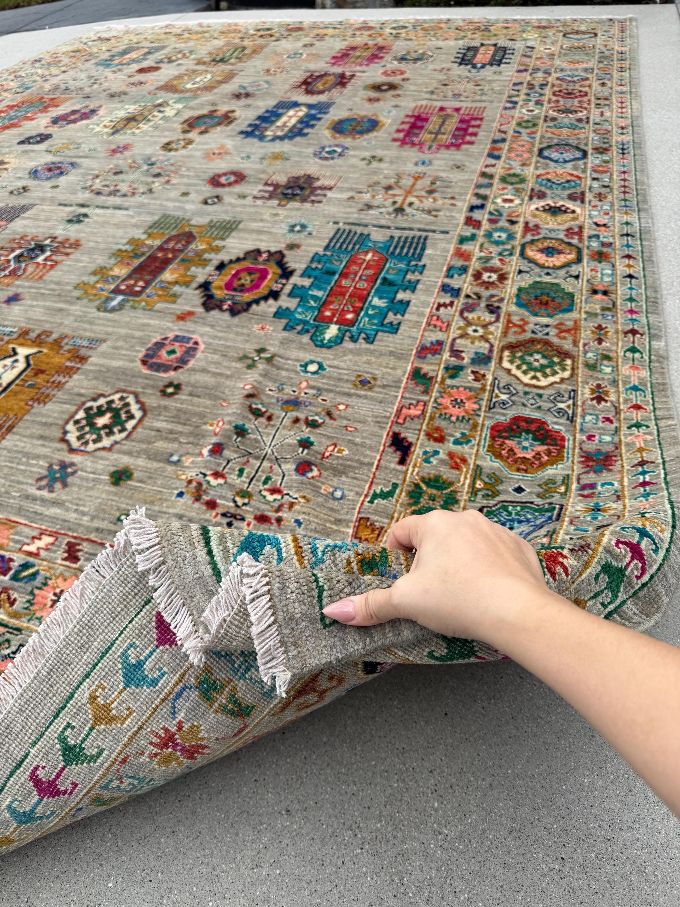 9x12 Handmade Afghan Wool Rug | Gray and Multicolor Tribal Area Rug | Hand-Knotted Nomadic Carpet | Eclectic Living Room Decor