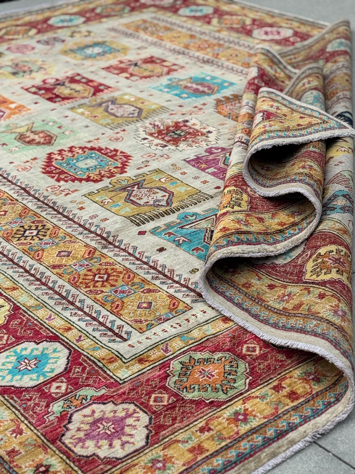 8x11 Handmade Afghan Wool Rug | Beige and Red Tribal Area Rug | Hand-Knotted Geometric Carpet | Boho and Traditional Living Room Decor