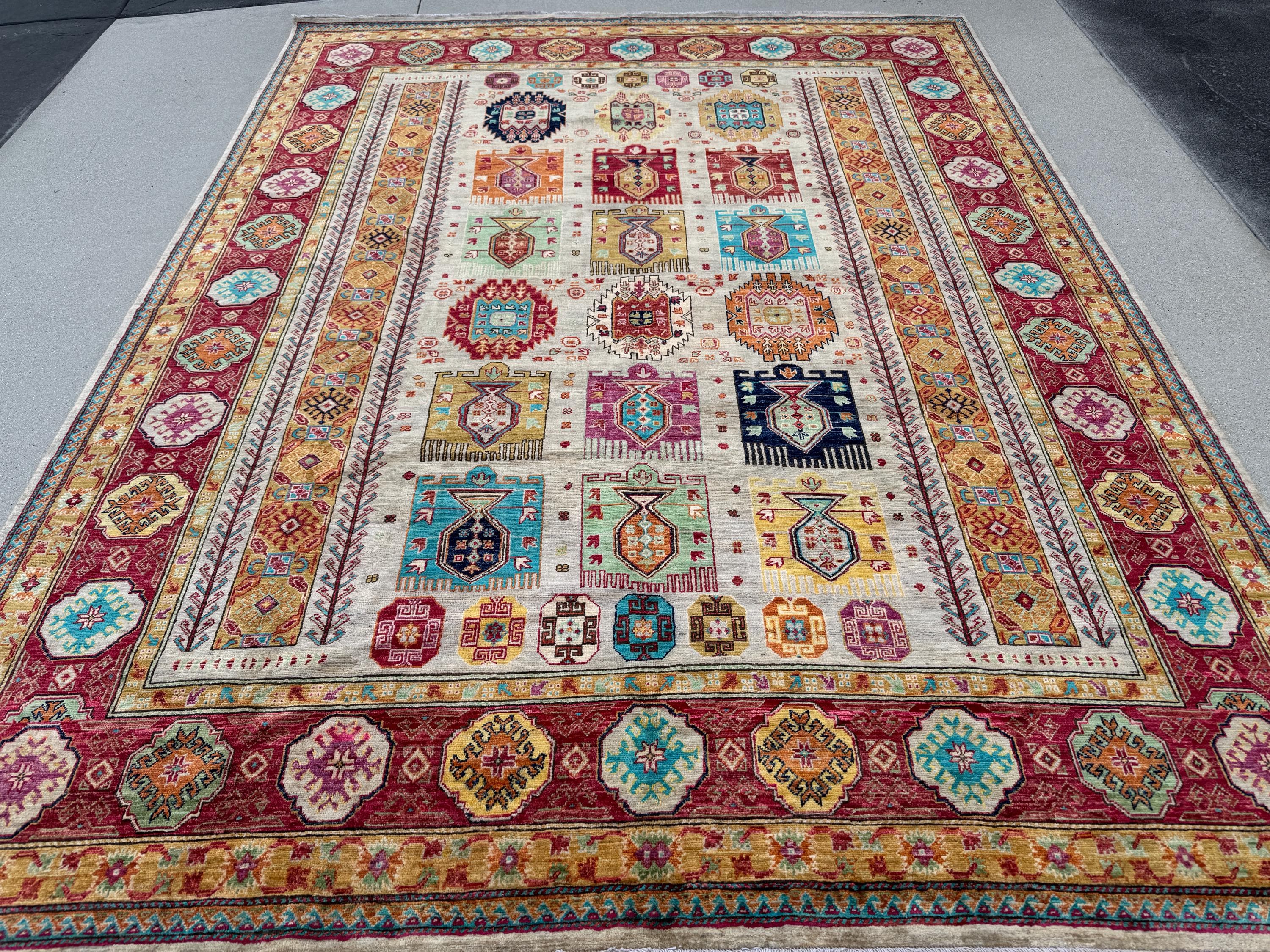 8x11 Handmade Afghan Wool Rug | Beige and Red Tribal Area Rug | Hand-Knotted Geometric Carpet | Boho and Traditional Living Room Decor