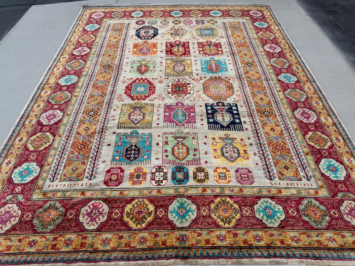 8x11 Handmade Afghan Wool Rug | Beige and Red Tribal Area Rug | Hand-Knotted Geometric Carpet | Boho and Traditional Living Room Decor