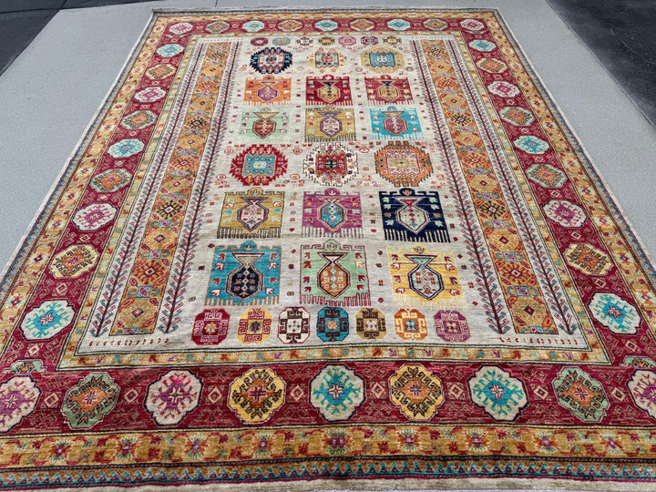 9x12 Handmade Afghan Wool Rug | Beige and Red Tribal Area Rug | Hand-Knotted Geometric Carpet | Boho and Traditional Living Room Decor