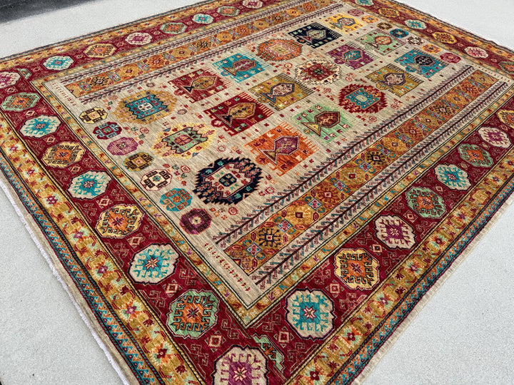 8x11 Handmade Afghan Wool Rug | Beige and Red Tribal Area Rug | Hand-Knotted Geometric Carpet | Boho and Traditional Living Room Decor