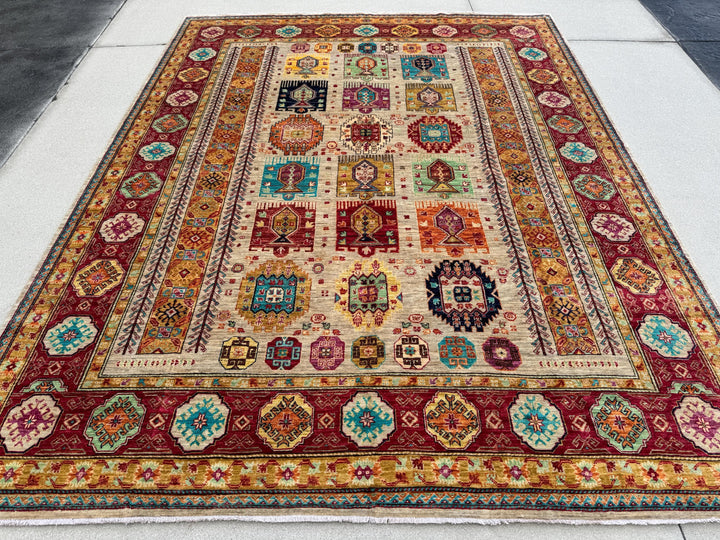 9x12 Handmade Afghan Wool Rug | Beige and Red Tribal Area Rug | Hand-Knotted Geometric Carpet | Boho and Traditional Living Room Decor