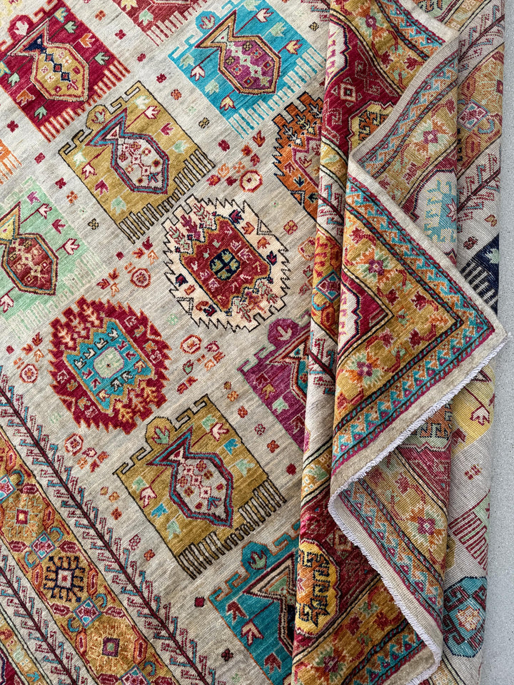 9x12 Handmade Afghan Wool Rug | Beige and Red Tribal Area Rug | Hand-Knotted Geometric Carpet | Boho and Traditional Living Room Decor