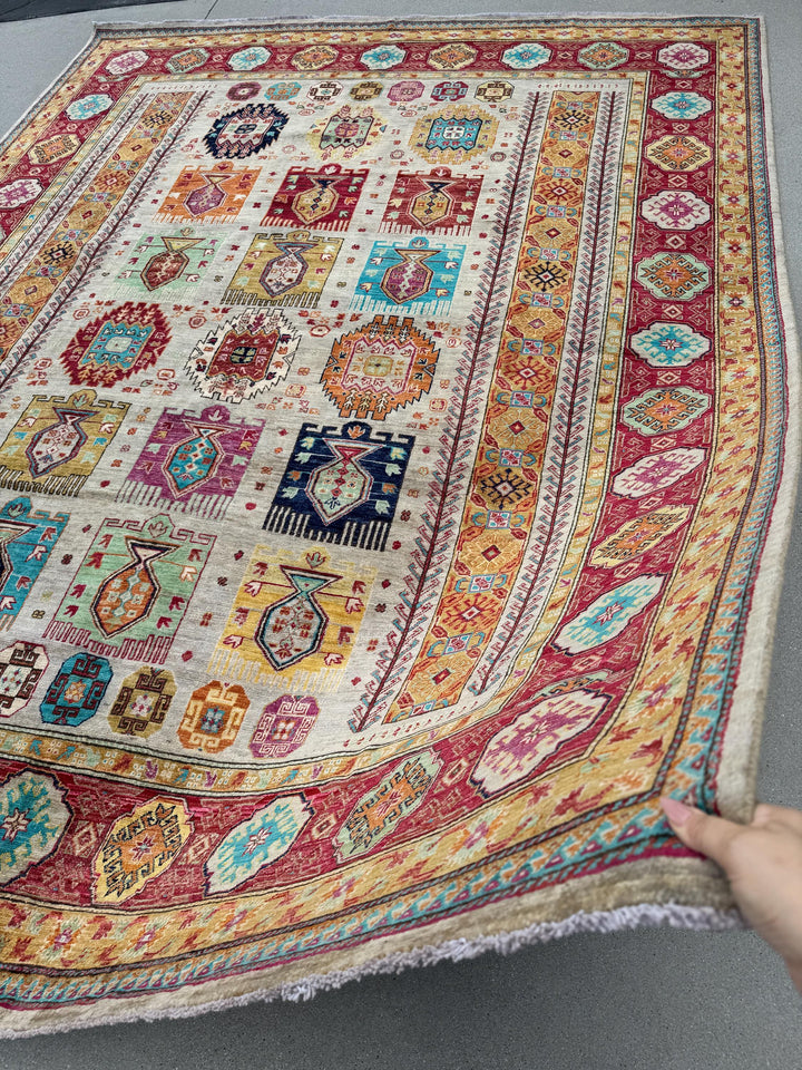 8x11 Handmade Afghan Wool Rug | Beige and Red Tribal Area Rug | Hand-Knotted Geometric Carpet | Boho and Traditional Living Room Decor