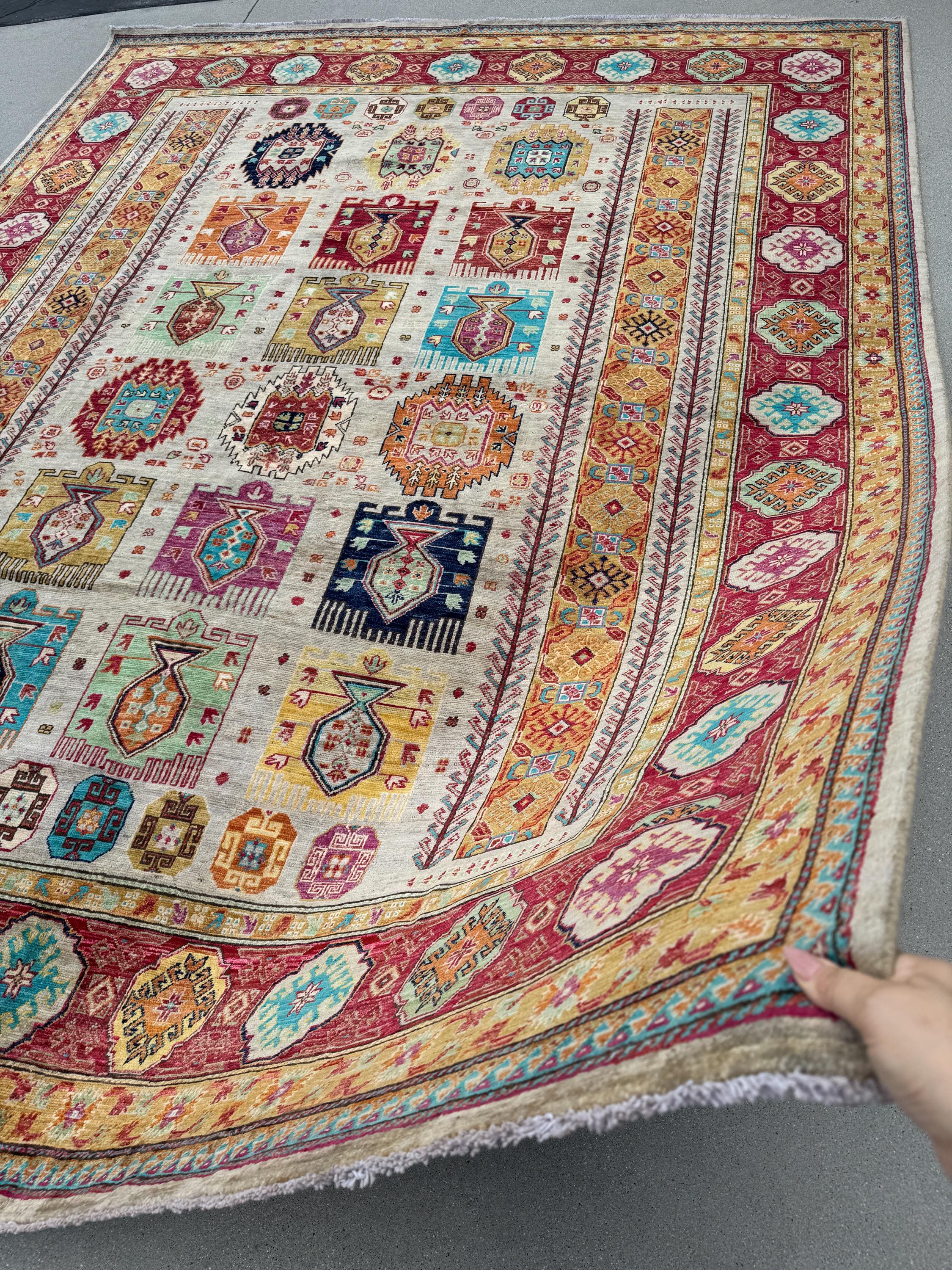 9x12 Handmade Afghan Wool Rug | Beige and Red Tribal Area Rug | Hand-Knotted Geometric Carpet | Boho and Traditional Living Room Decor