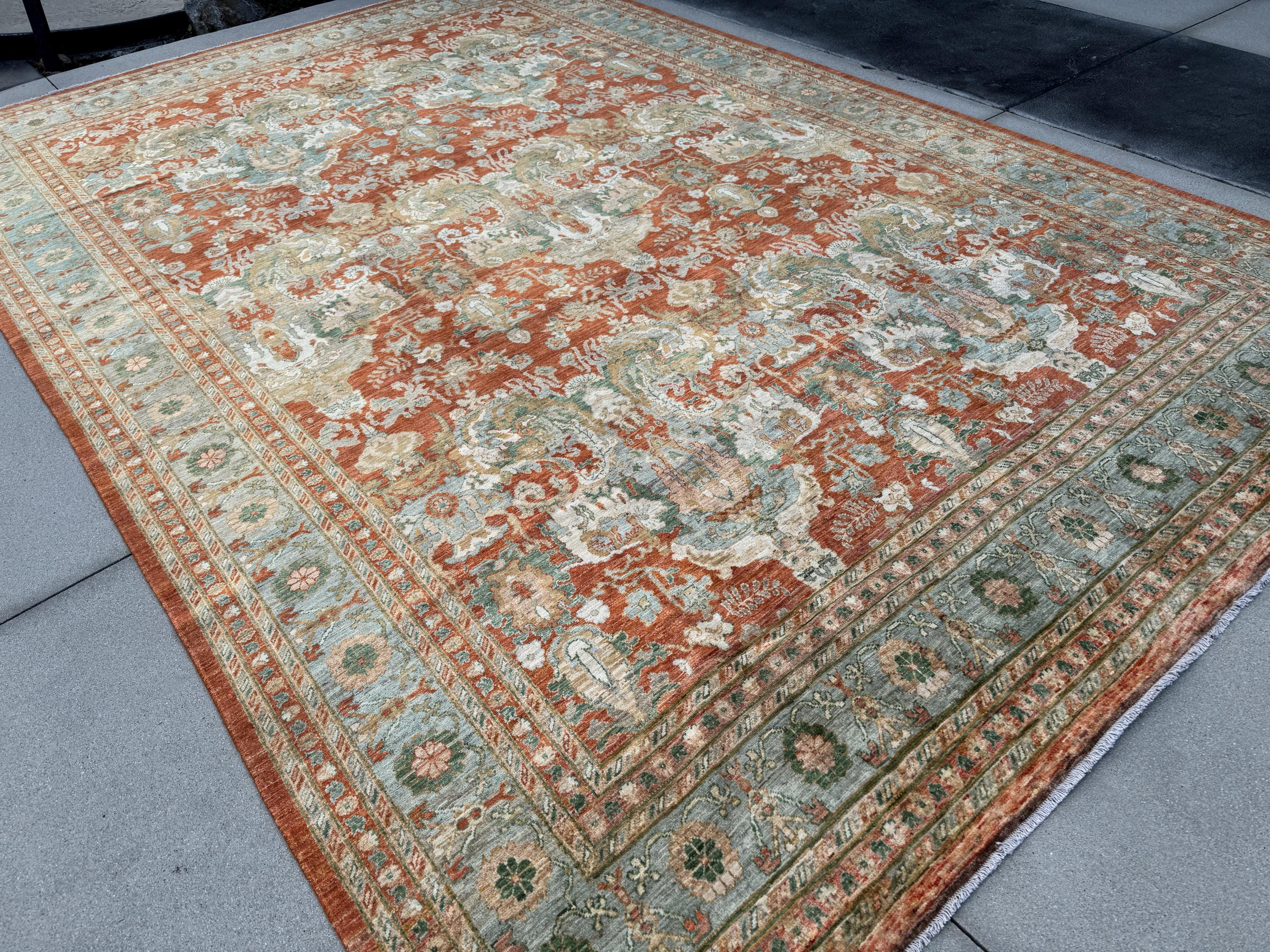 10x14 Handmade Afghan Wool Rug | Rust and Sage Oushak Style Area Rug | Hand-Knotted Traditional Carpet | Classic Living Room Decor