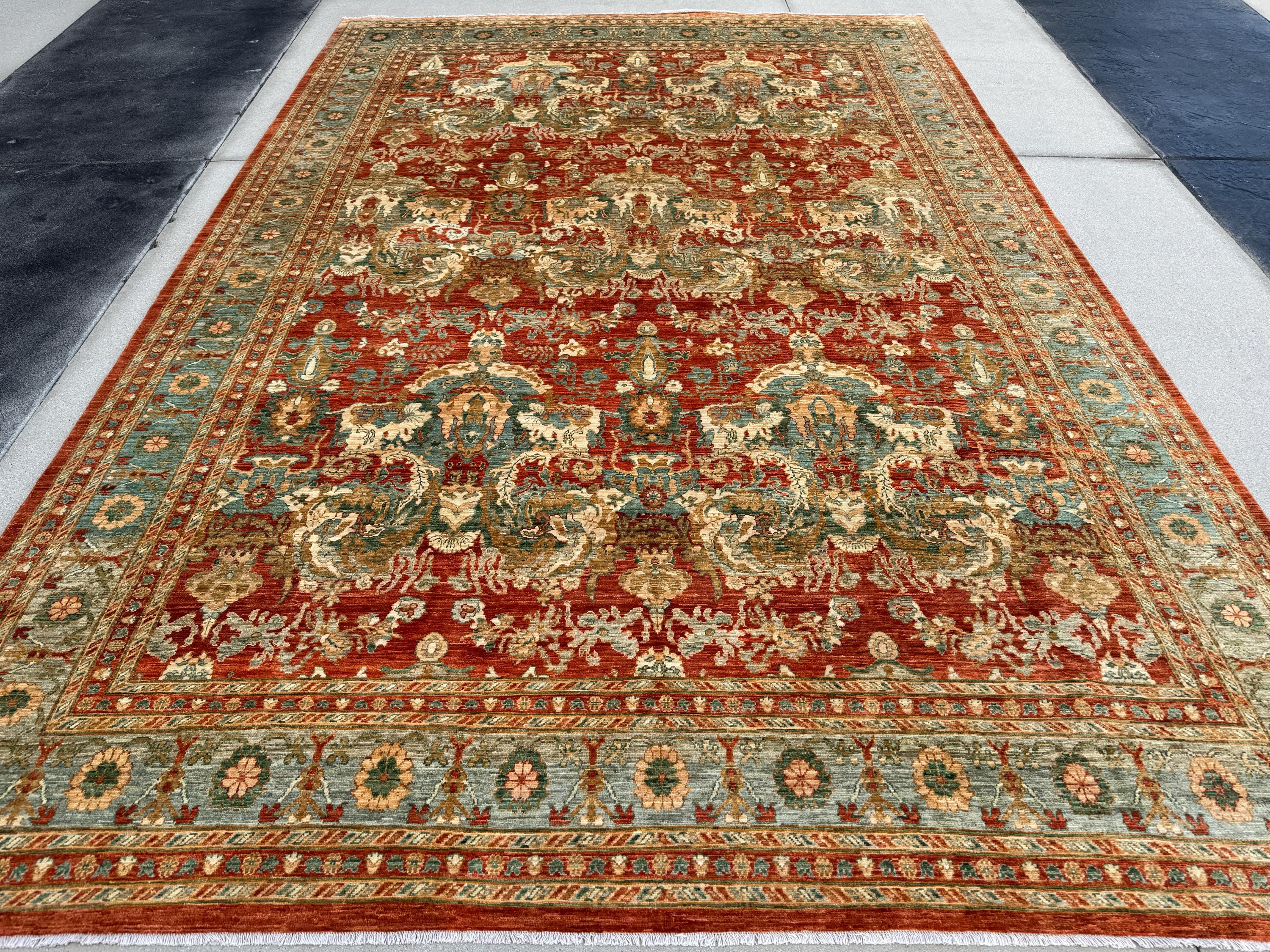 10x14 Handmade Afghan Wool Rug | Rust and Sage Oushak Style Area Rug | Hand-Knotted Traditional Carpet | Classic Living Room Decor