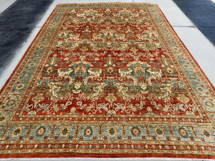 10x14 Handmade Afghan Wool Rug | Rust and Sage Oushak Style Area Rug | Hand-Knotted Traditional Carpet | Classic Living Room Decor