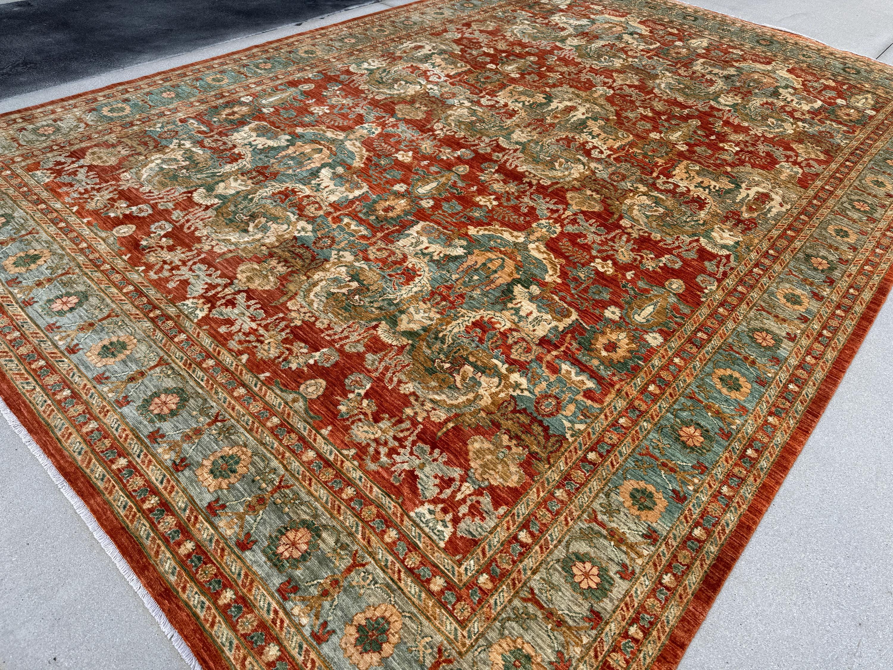 10x14 Handmade Afghan Wool Rug | Rust and Sage Oushak Style Area Rug | Hand-Knotted Traditional Carpet | Classic Living Room Decor