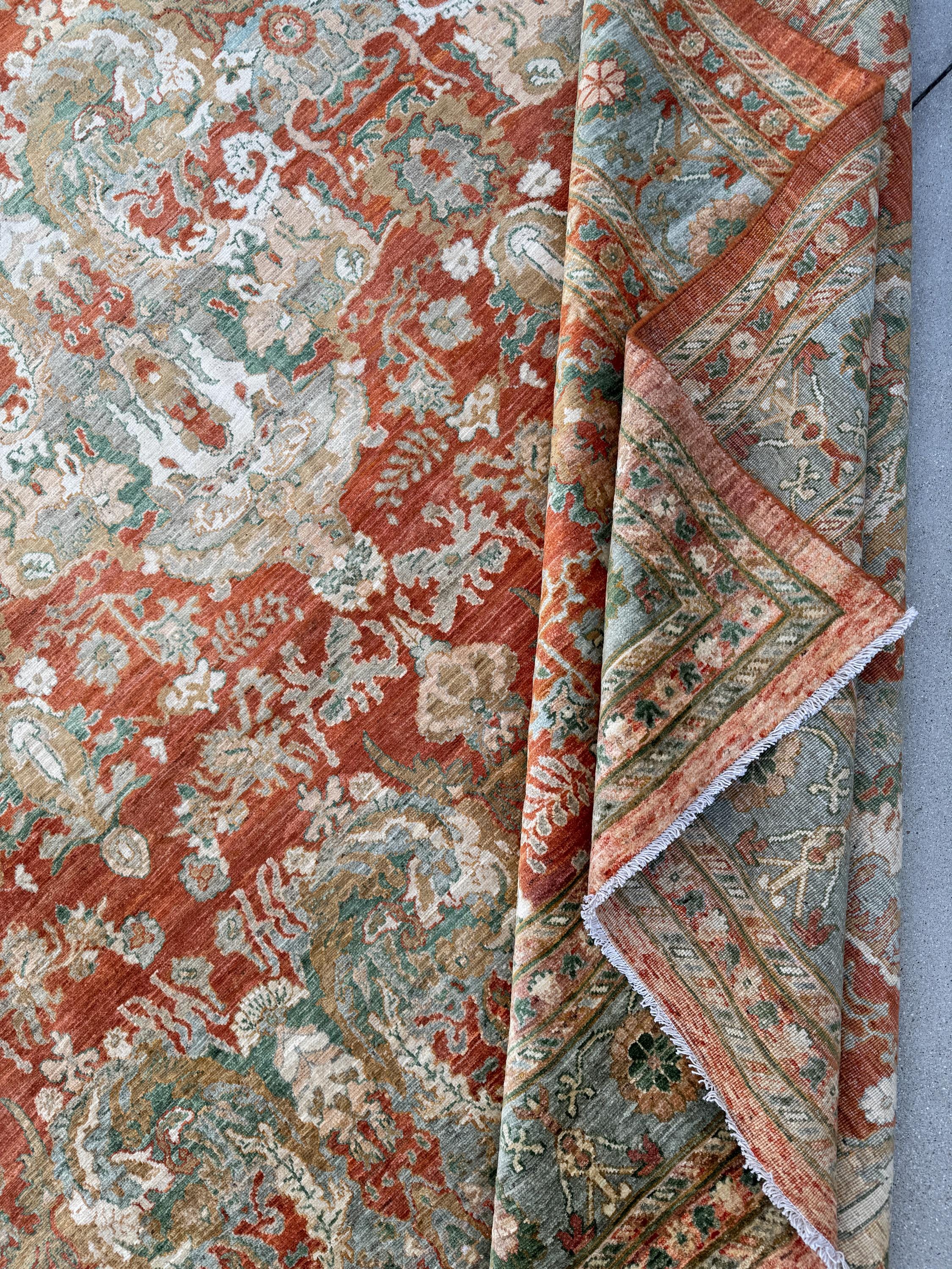 10x14 Handmade Afghan Wool Rug | Rust and Sage Oushak Style Area Rug | Hand-Knotted Traditional Carpet | Classic Living Room Decor