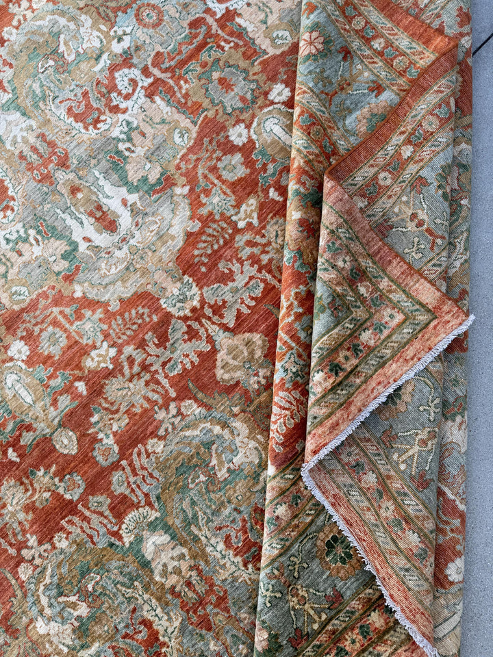 10x14 Handmade Afghan Wool Rug | Rust and Sage Oushak Style Area Rug | Hand-Knotted Traditional Carpet | Classic Living Room Decor