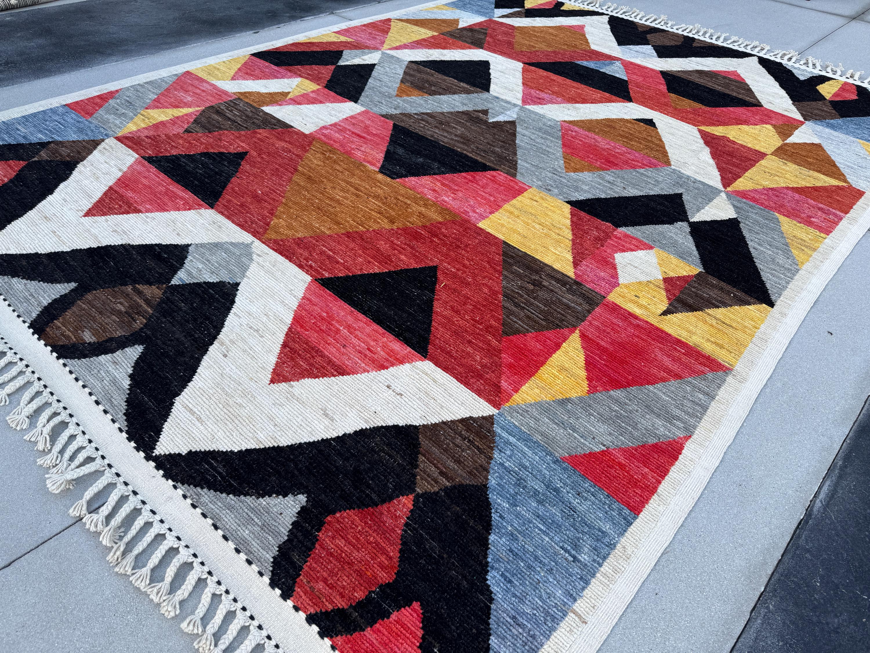 10x15 Handmade Afghan Wool Rug | Berber Bazaar Collection | Moroccan-Inspired Geometric Area Rug | Red, Mustard & Black
