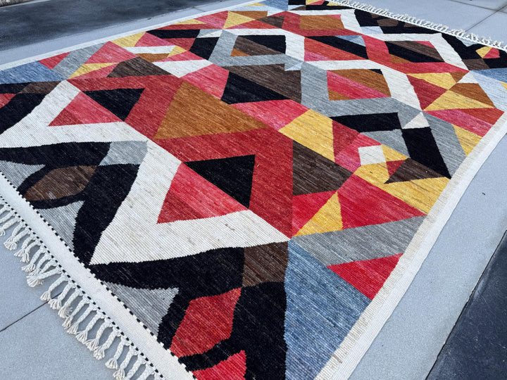 10x15 Handmade Afghan Wool Rug | Berber Bazaar Collection | Moroccan-Inspired Geometric Area Rug | Red, Mustard & Black