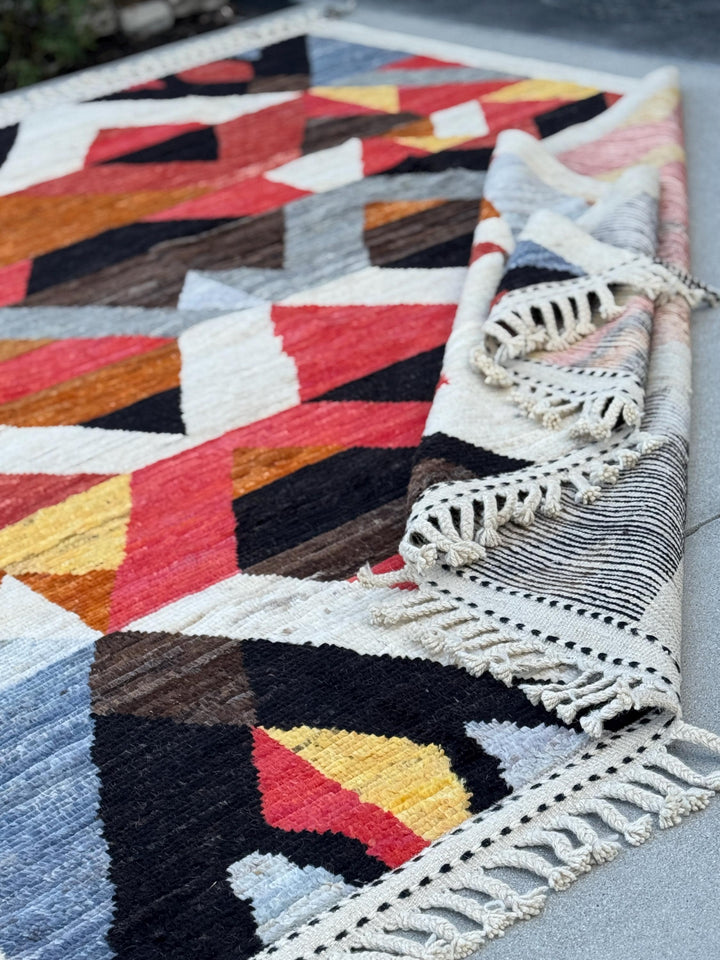 8x11 Handmade Afghan Wool Rug | Berber Bazaar Collection | Moroccan-Inspired Geometric Area Rug | Red, Mustard & Black
