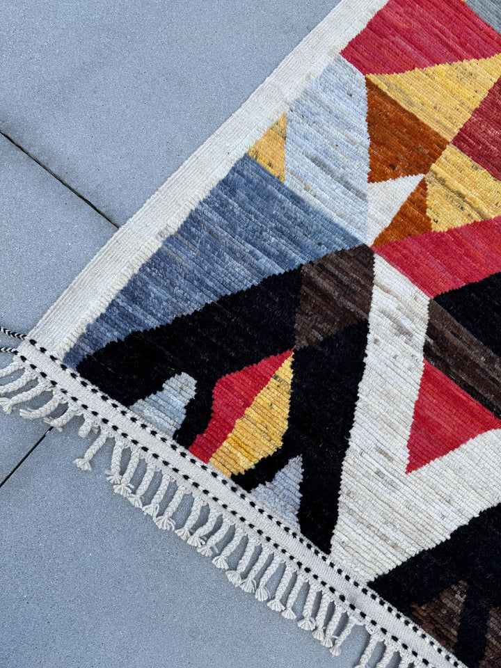 8x11 Handmade Afghan Wool Rug | Berber Bazaar Collection | Moroccan-Inspired Geometric Area Rug | Red, Mustard & Black