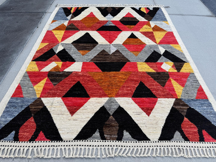 8x11 Handmade Afghan Wool Rug | Berber Bazaar Collection | Moroccan-Inspired Geometric Area Rug | Red, Mustard & Black