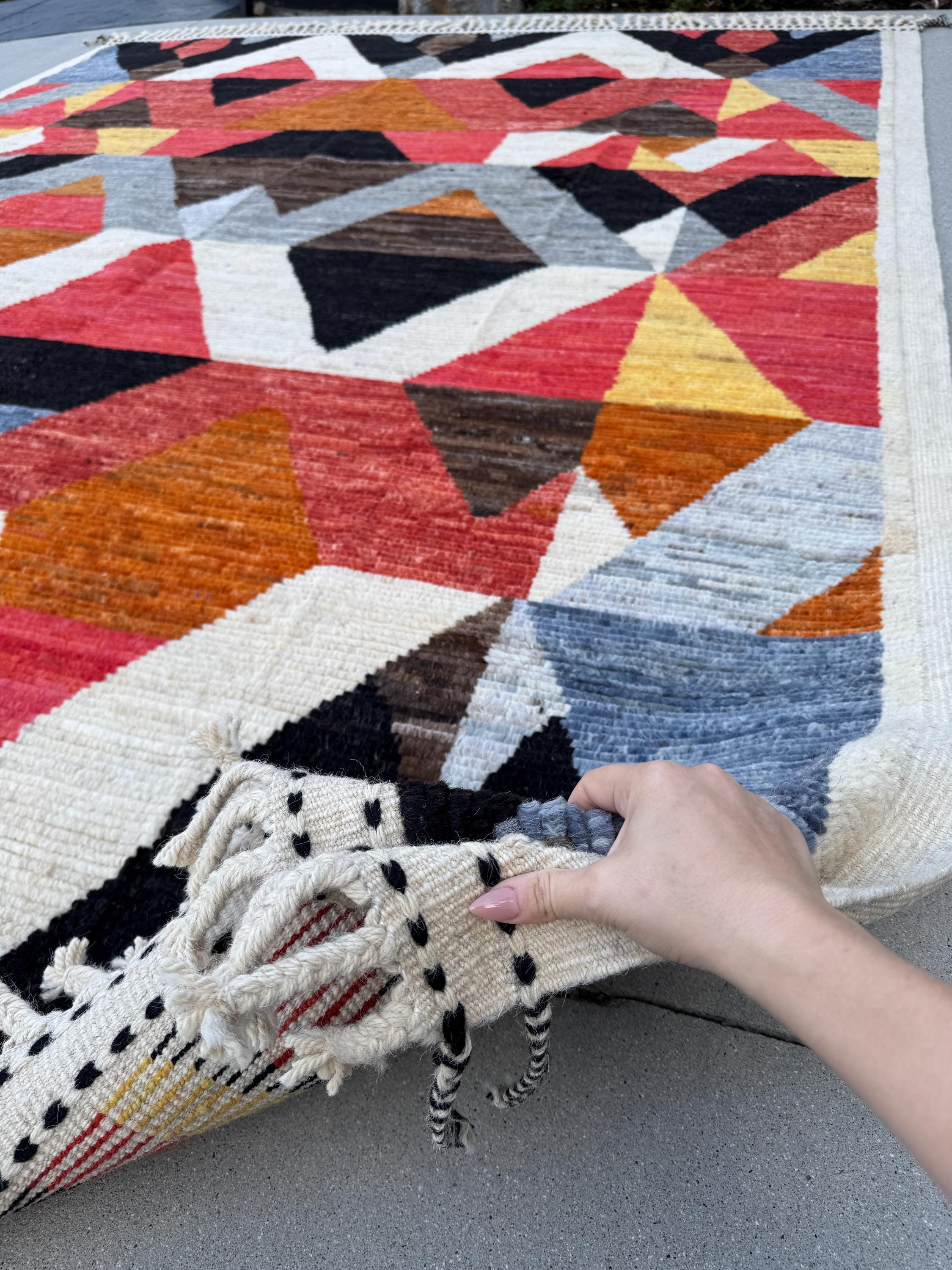 8x11 Handmade Afghan Wool Rug | Berber Bazaar Collection | Moroccan-Inspired Geometric Area Rug | Red, Mustard & Black