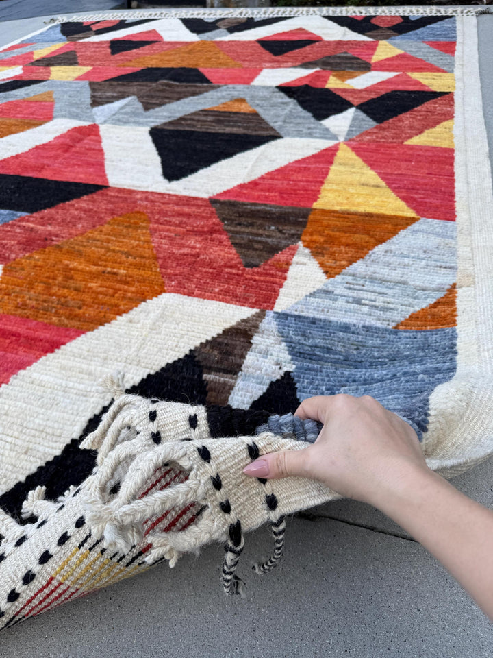 8x11 Handmade Afghan Wool Rug | Berber Bazaar Collection | Moroccan-Inspired Geometric Area Rug | Red, Mustard & Black