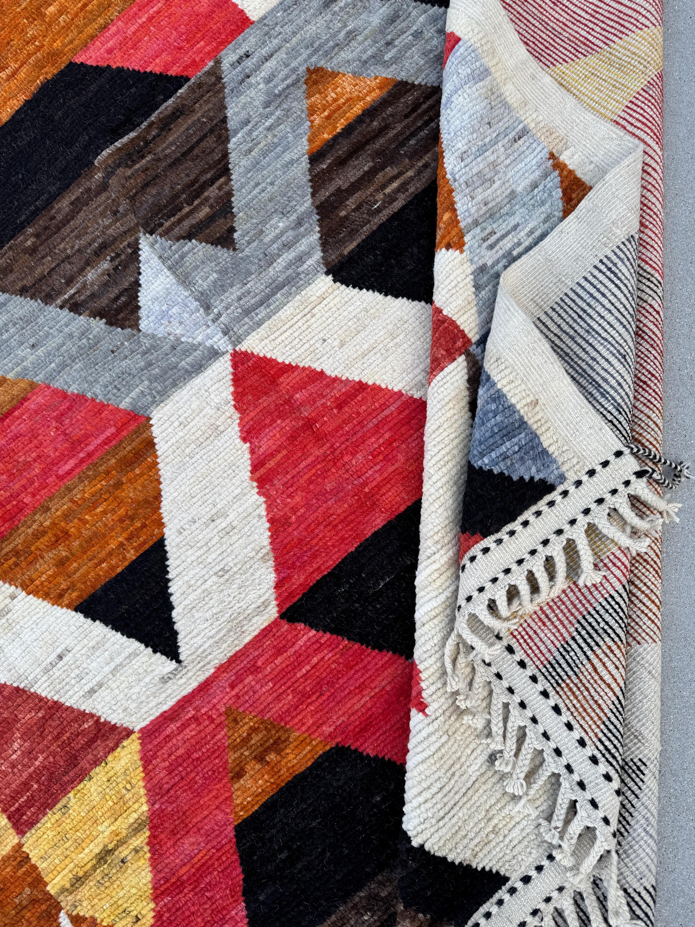 8x11 Handmade Afghan Wool Rug | Berber Bazaar Collection | Moroccan-Inspired Geometric Area Rug | Red, Mustard & Black