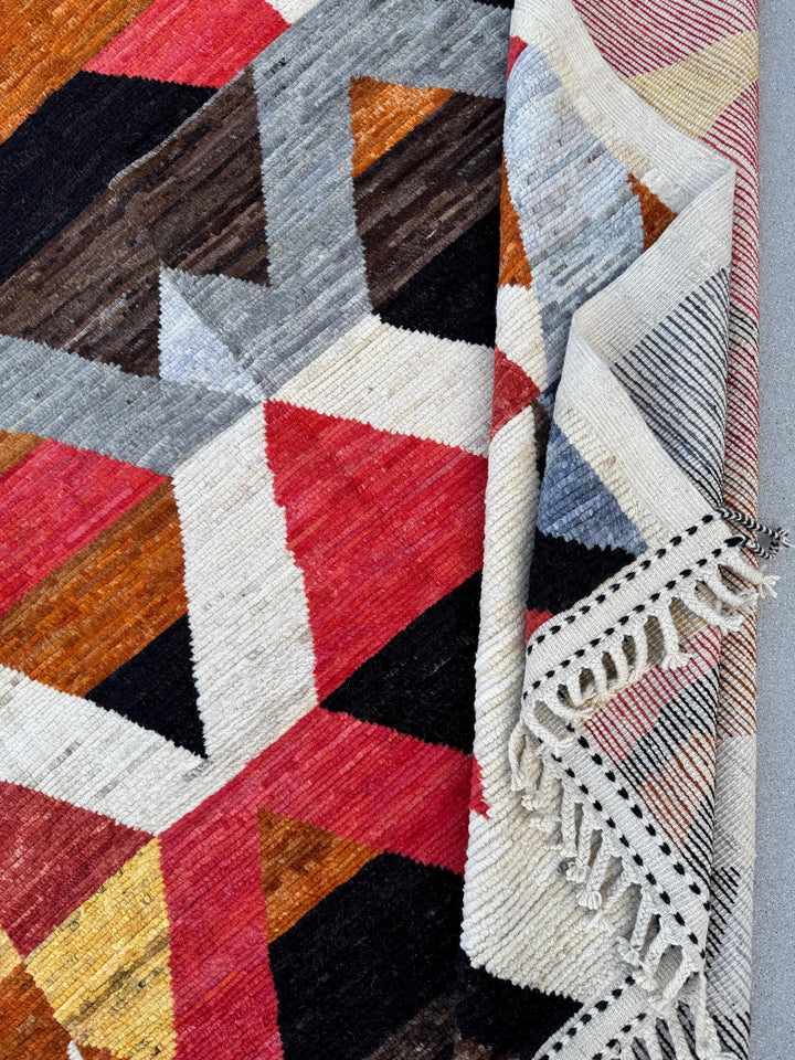 8x11 Handmade Afghan Wool Rug | Berber Bazaar Collection | Moroccan-Inspired Geometric Area Rug | Red, Mustard & Black