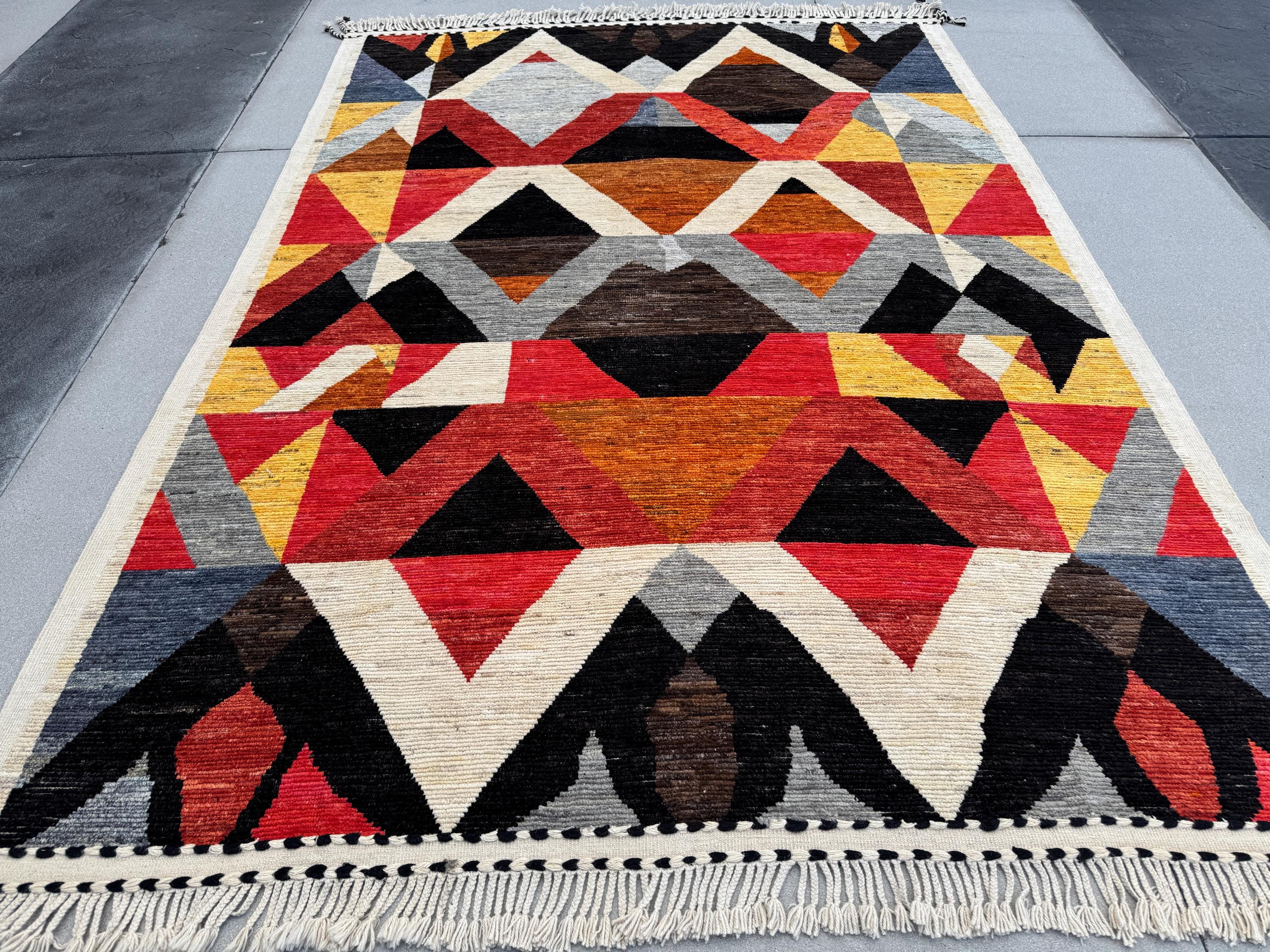 9x13 Handmade Afghan Wool Rug | Berber Bazaar Collection | Moroccan-Inspired Geometric Area Rug | Red, Mustard & Black