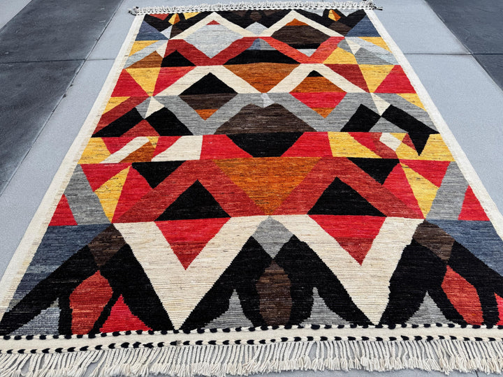 9x13 Handmade Afghan Wool Rug | Berber Bazaar Collection | Moroccan-Inspired Geometric Area Rug | Red, Mustard & Black