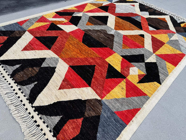 9x13 Handmade Afghan Wool Rug | Berber Bazaar Collection | Moroccan-Inspired Geometric Area Rug | Red, Mustard & Black