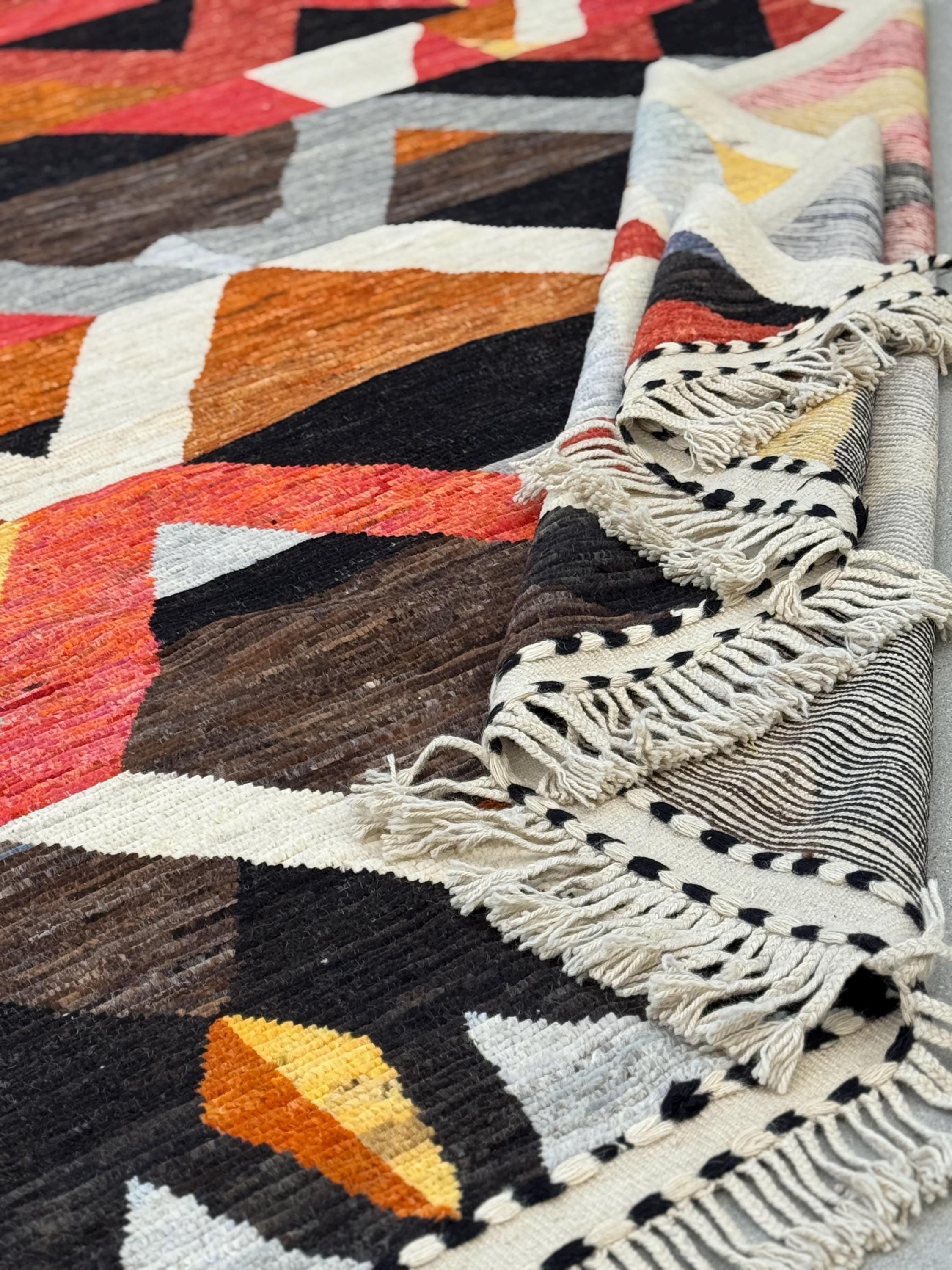 9x13 Handmade Afghan Wool Rug | Berber Bazaar Collection | Moroccan-Inspired Geometric Area Rug | Red, Mustard & Black