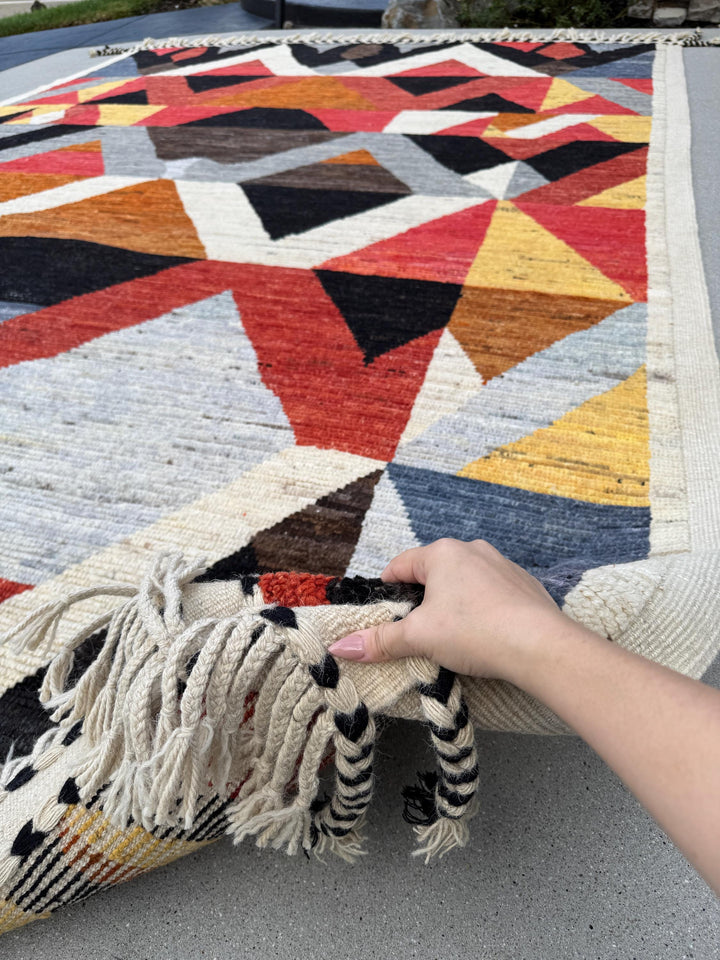 9x13 Handmade Afghan Wool Rug | Berber Bazaar Collection | Moroccan-Inspired Geometric Area Rug | Red, Mustard & Black