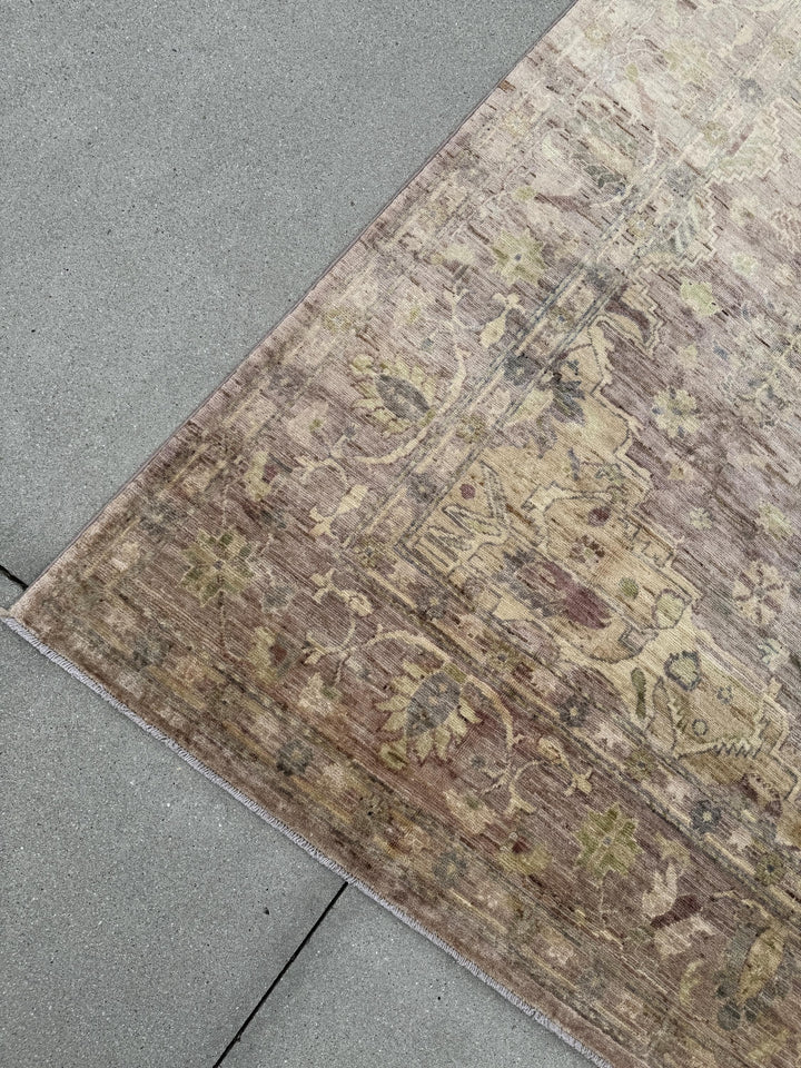 8x10 Handmade Afghan Wool Rug | Oushak Design | Chestnut and Beige Floral | Hand-Knotted | The Rug Mine