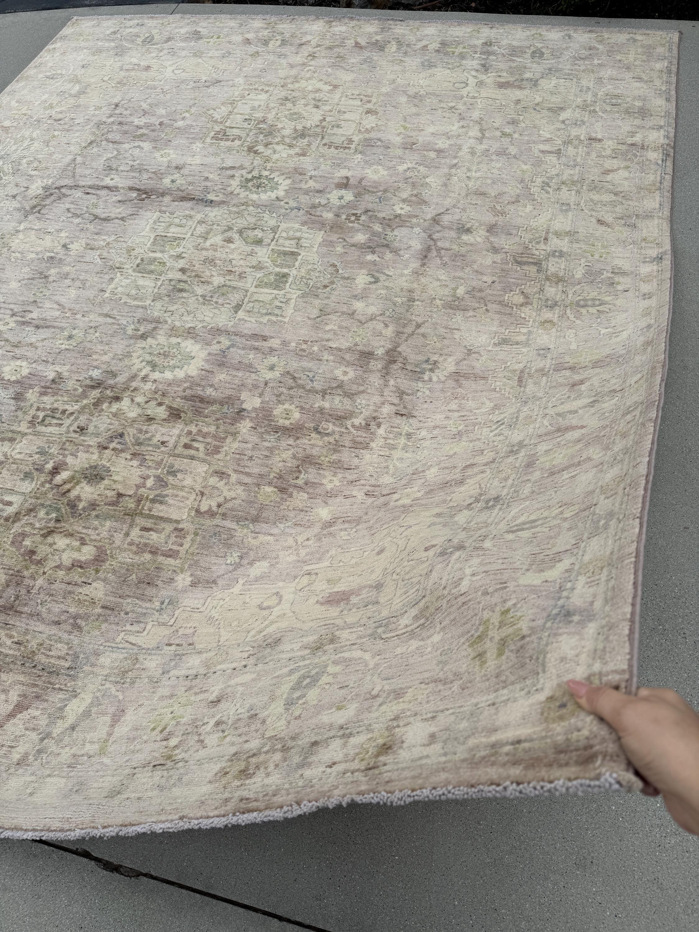 8x10 Handmade Afghan Wool Rug | Oushak Design | Chestnut and Beige Floral | Hand-Knotted | The Rug Mine