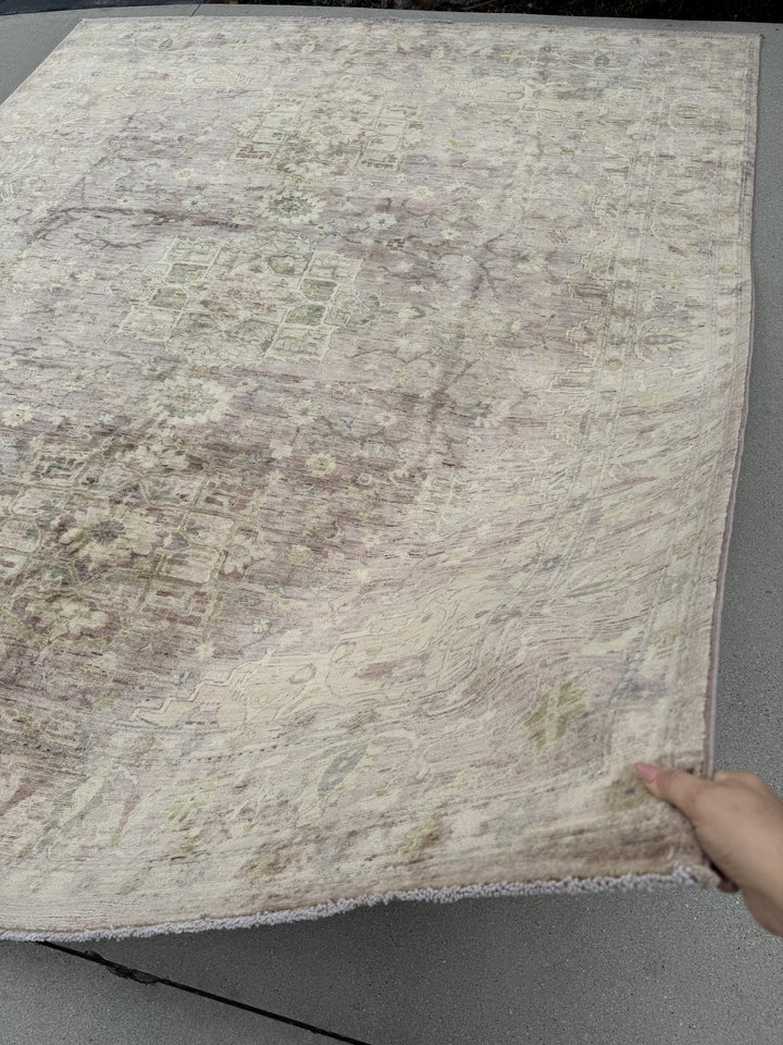 8x10 Handmade Afghan Wool Rug | Oushak Design | Chestnut and Beige Floral | Hand-Knotted | The Rug Mine