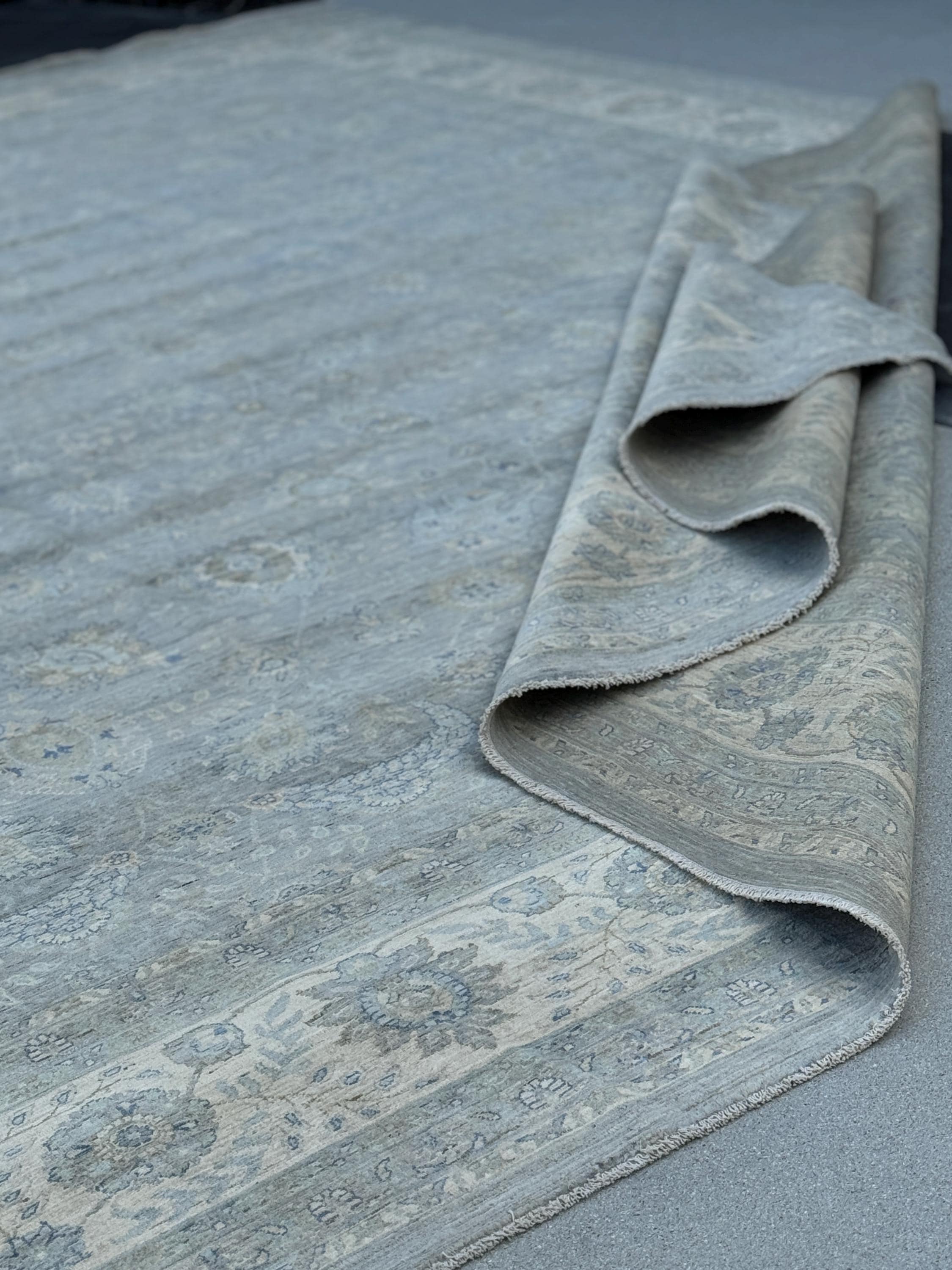 12x15 (339 x 457cm) Handmade Afghan Rug | Light Slate Charcoal Grey Light Powder Duck Egg Prussian Blue Mocha Brown Ivory Cream Beige