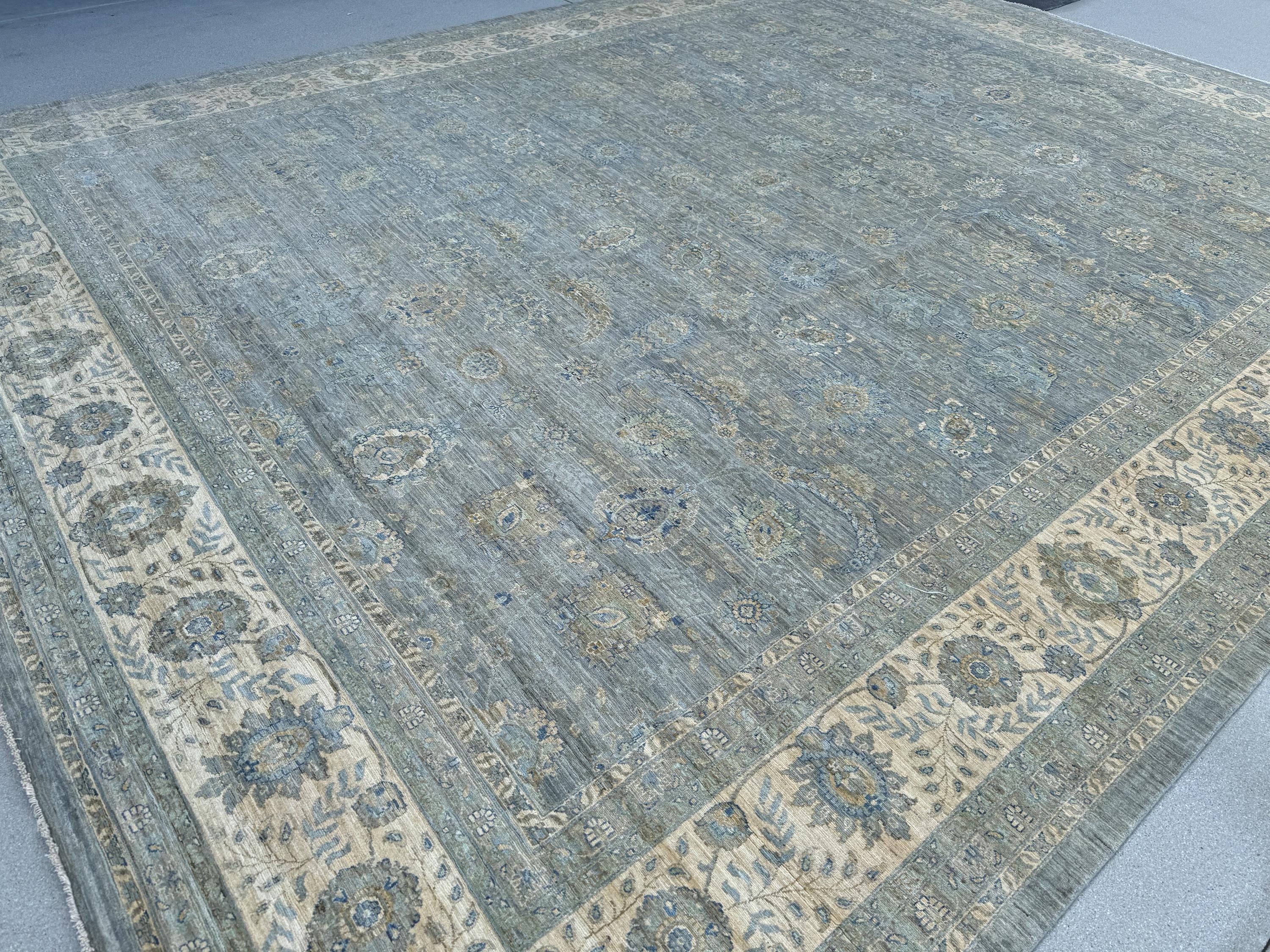 12x15 (339 x 457cm) Handmade Afghan Rug | Light Slate Charcoal Grey Light Powder Duck Egg Prussian Blue Mocha Brown Ivory Cream Beige