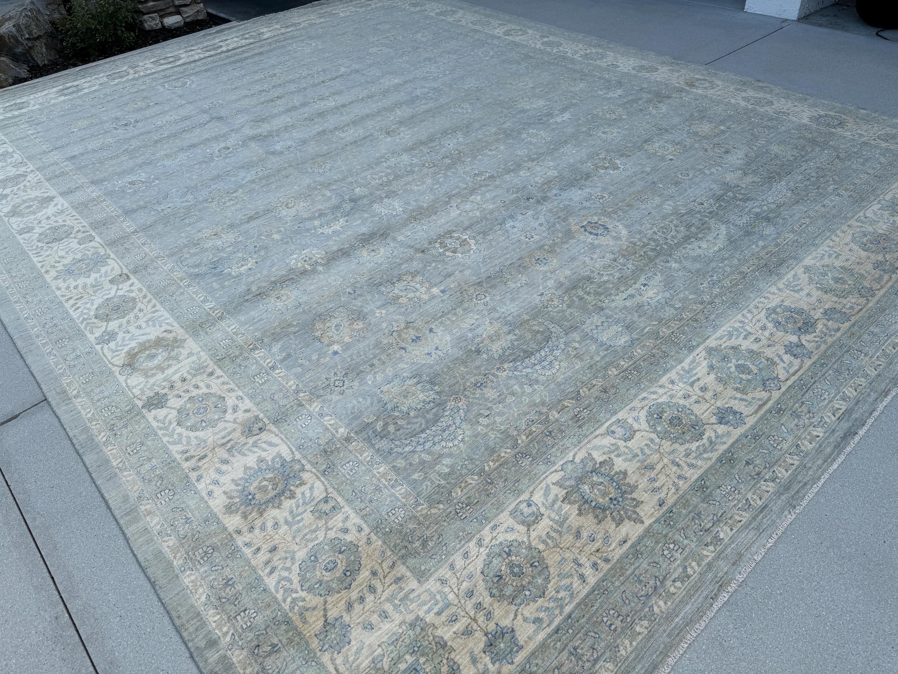12x15 (339 x 457cm) Handmade Afghan Rug | Light Slate Charcoal Grey Light Powder Duck Egg Prussian Blue Mocha Brown Ivory Cream Beige