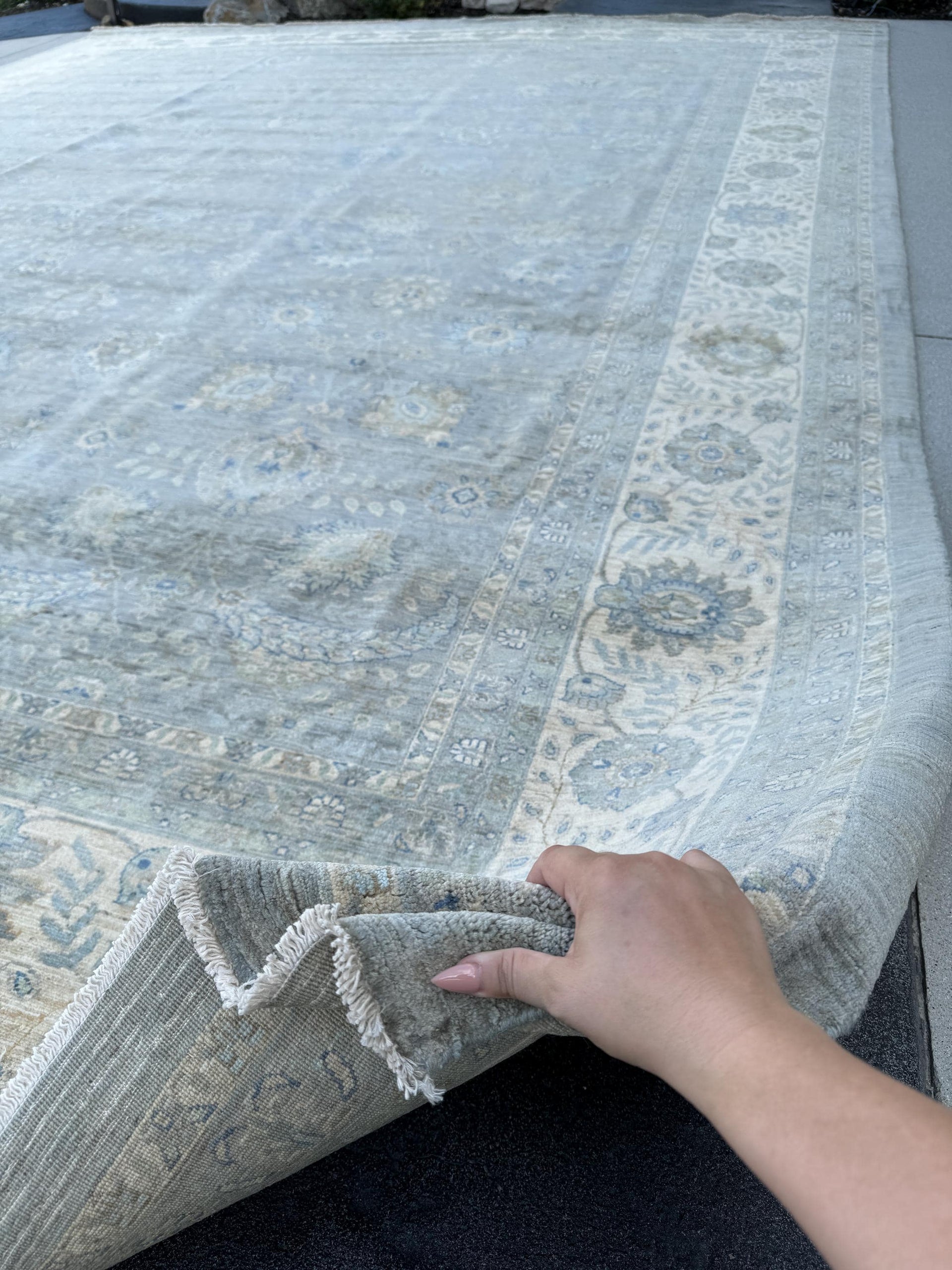 12x15 (339 x 457cm) Handmade Afghan Rug | Light Slate Charcoal Grey Light Powder Duck Egg Prussian Blue Mocha Brown Ivory Cream Beige