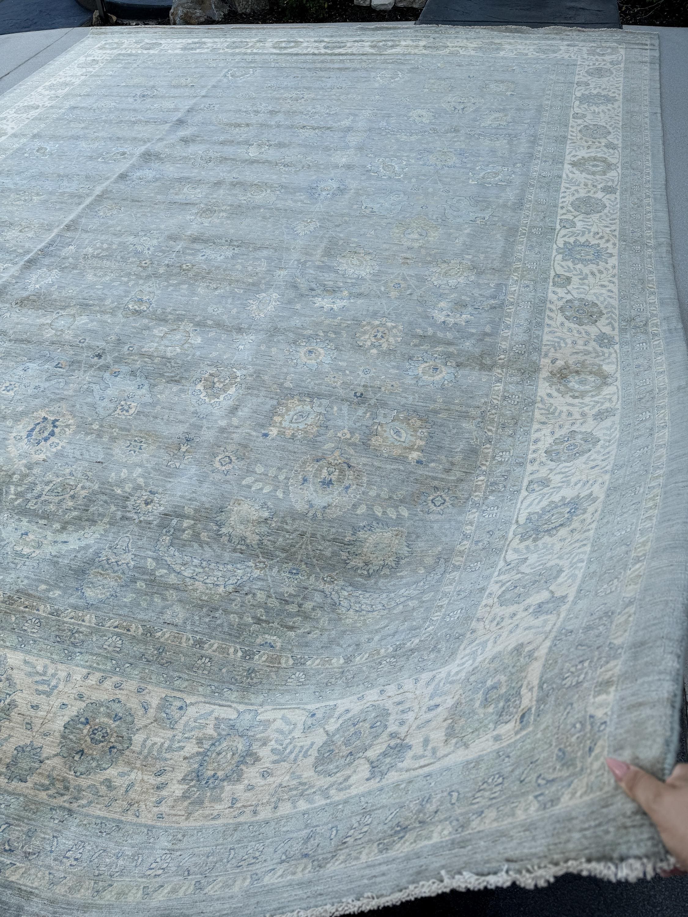 12x15 (339 x 457cm) Handmade Afghan Rug | Light Slate Charcoal Grey Light Powder Duck Egg Prussian Blue Mocha Brown Ivory Cream Beige